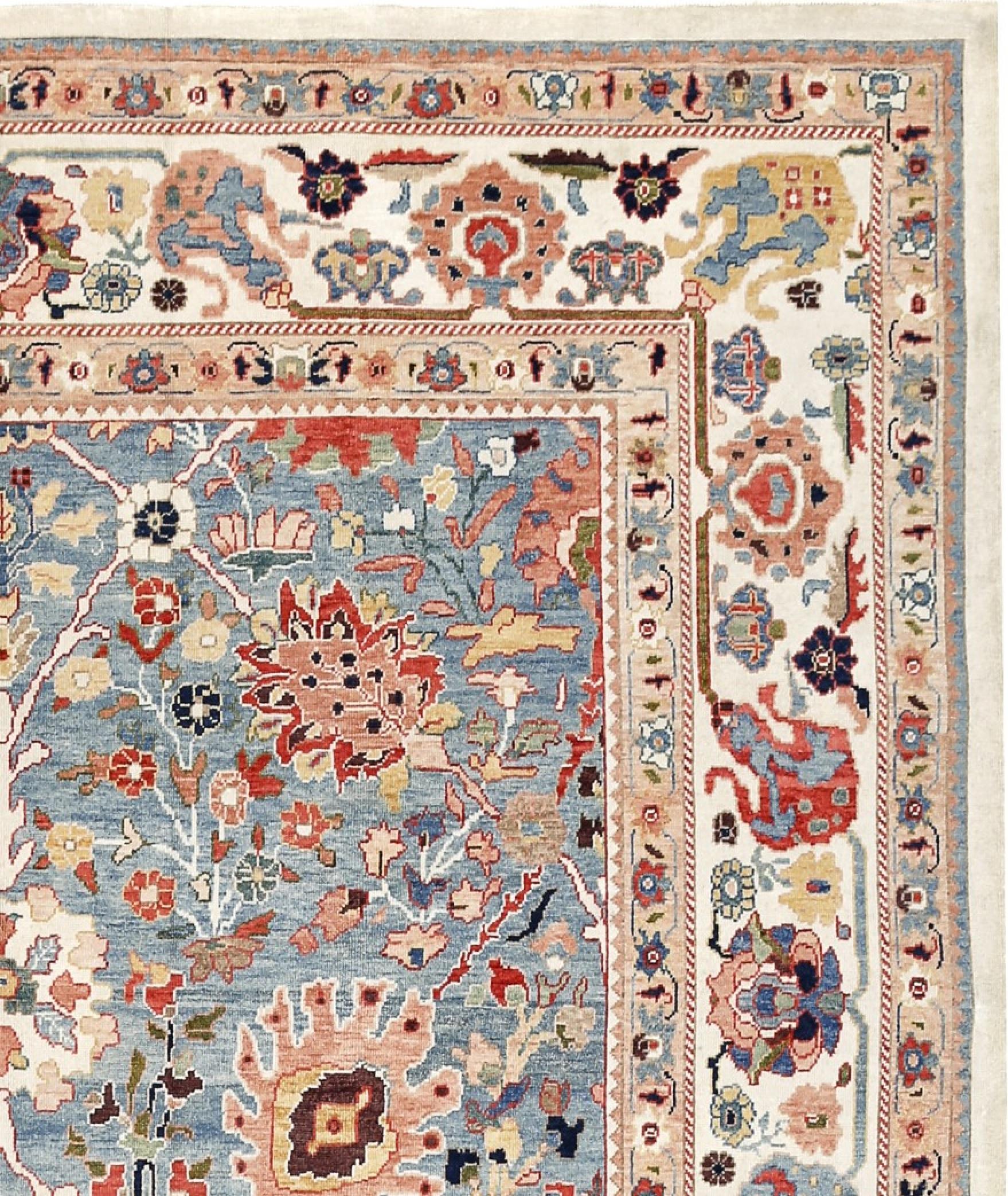 Hand-Knotted Red, Blue and Ivory Contemporary Handmade Wool Turkish Oushak Rug