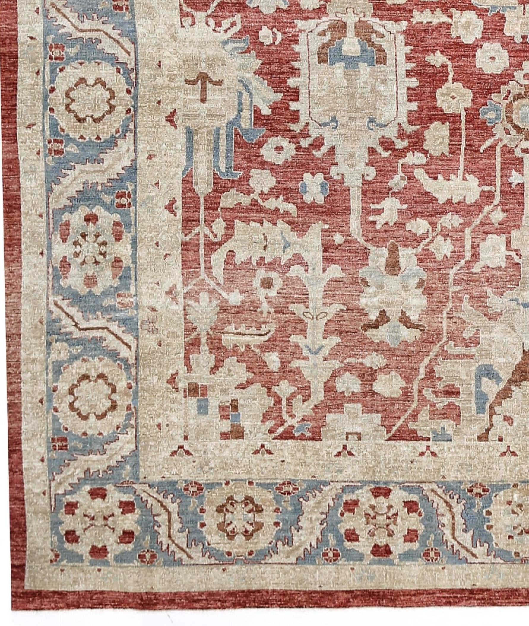Red, Blue and Ivory Contemporary Handmade Wool Turkish Oushak Rug In Excellent Condition In North Bergen, NJ