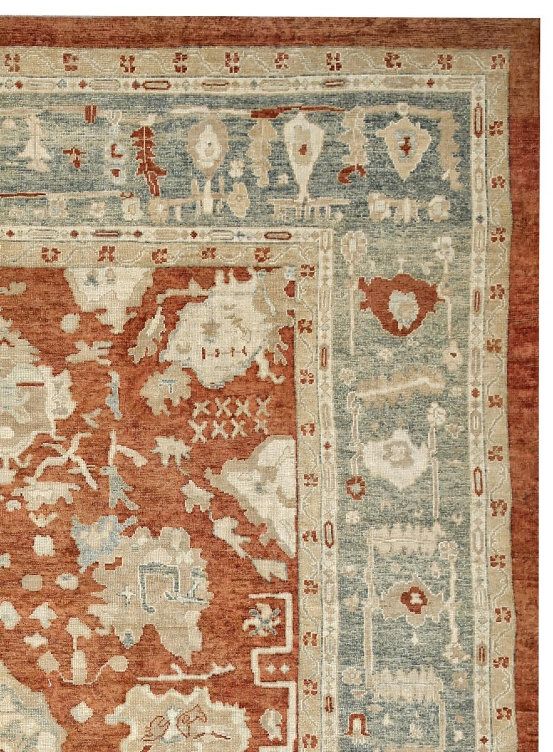 Hand-Knotted Red, Blue and Ivory Contemporary Handmade Wool Turkish Oushak Rug Oversize