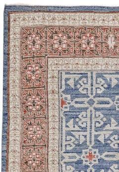 Red, Blue and Ivory Handmade Wool Distressed Turkish Oushak Rug