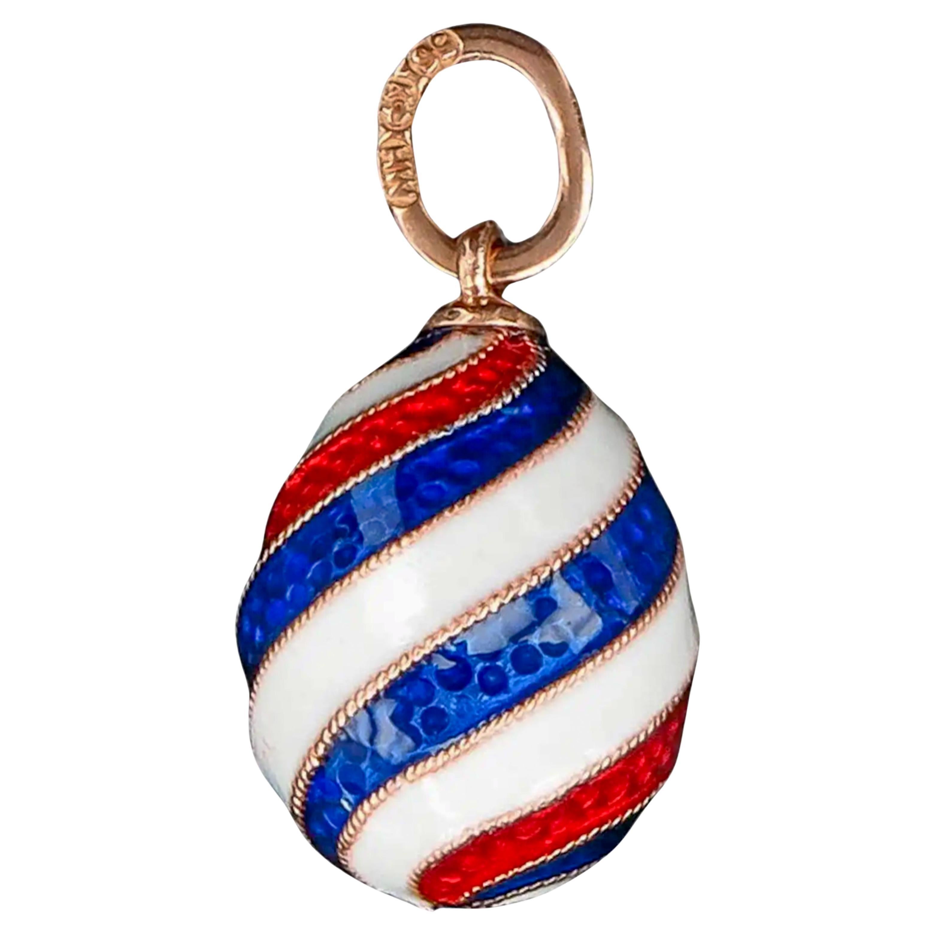 Red Blue and White Enamel Swirl 14K Gold Egg Pendant