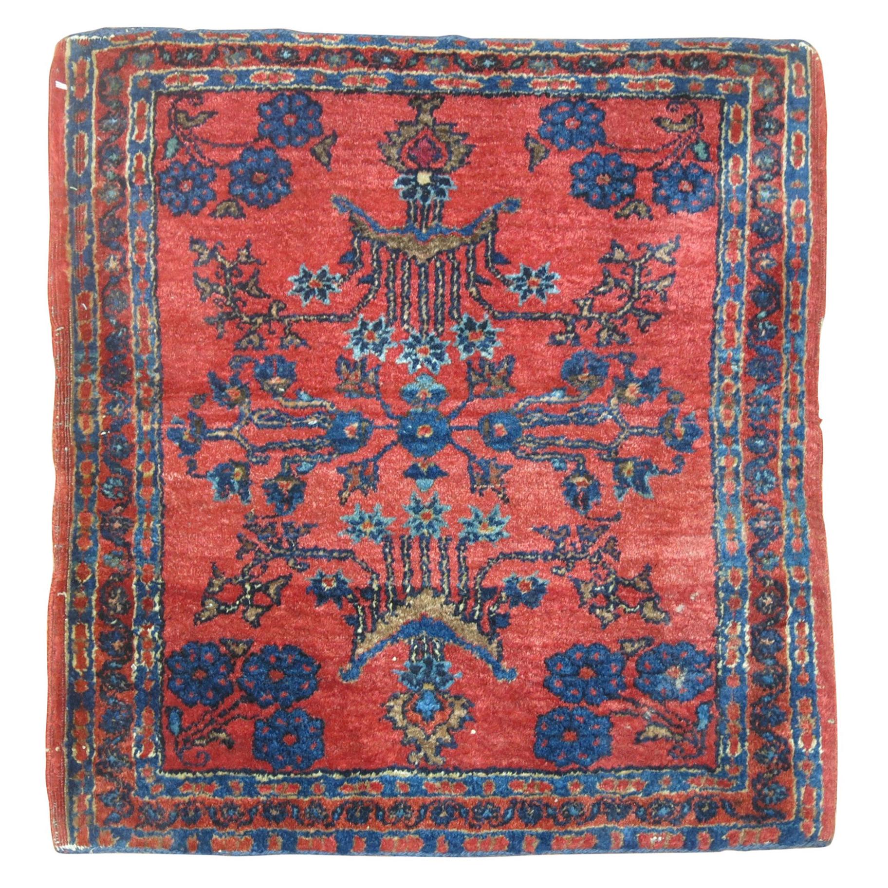 Red Blue Antique Oriental Traditional Persian Sarouk Square Size Rug For Sale