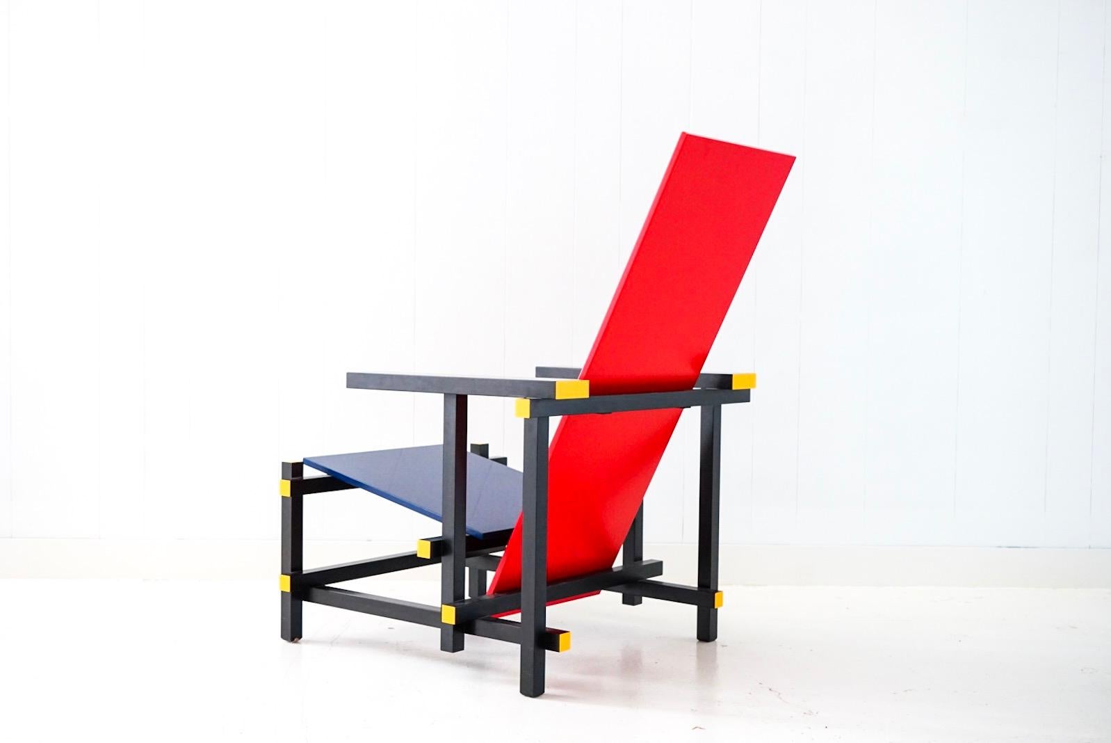 Wood Red Blue Armchair by Gerrit Rietveld for Cassina, Signed 1996 Production