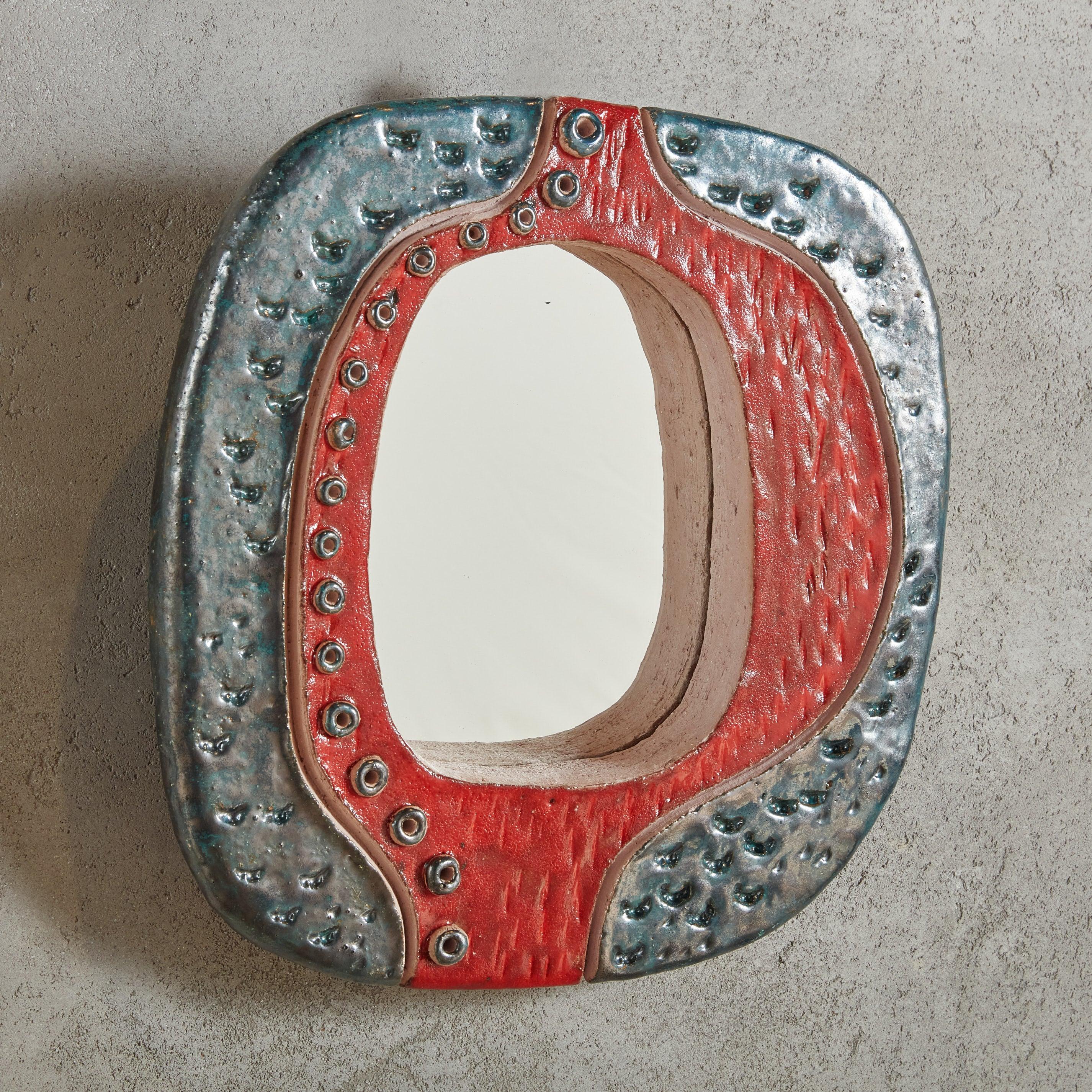 Moderne Miroir en céramique rouge et bleue de Nathalie Soufflet, France 21e siècle en vente