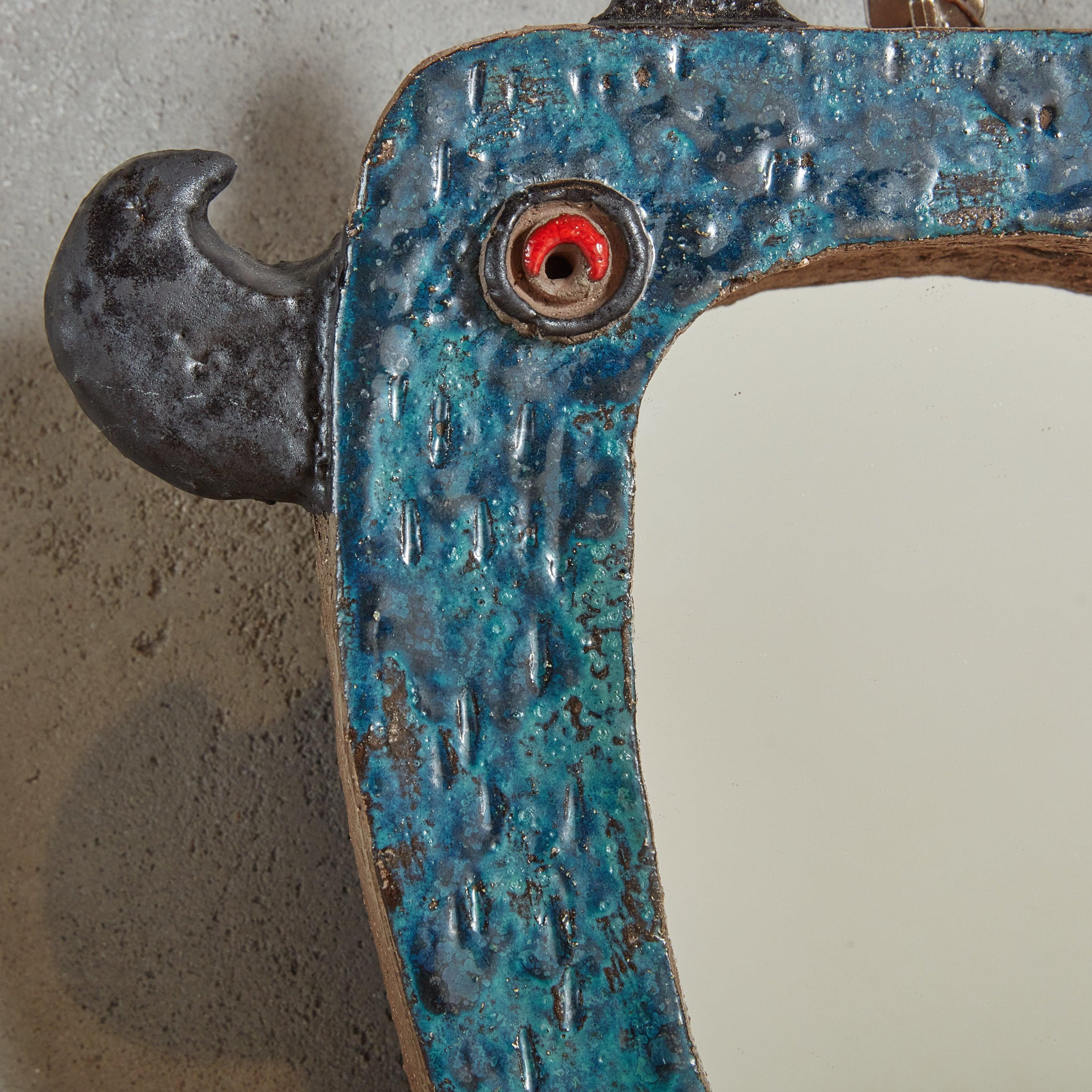 XXIe siècle et contemporain Miroir en céramique rouge et bleu avec des cornes par Nathalie Soufflet, France 21e siècle en vente