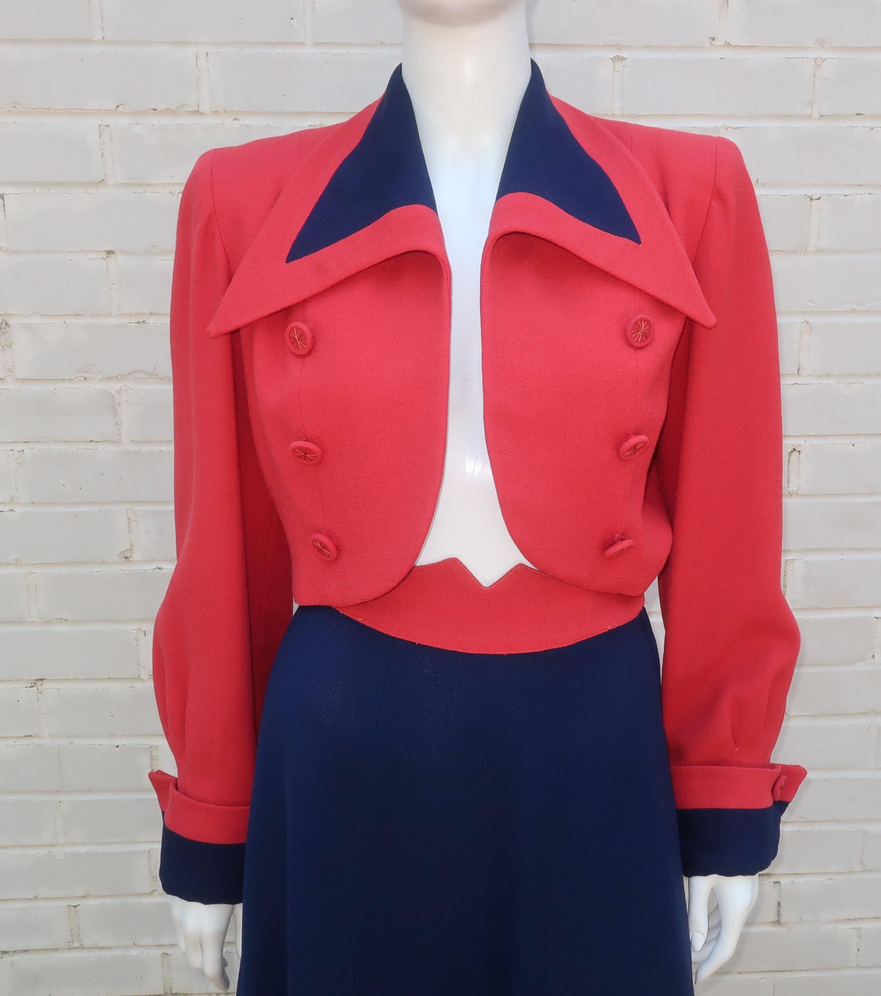 Black Red & Blue Crepe Skirt Suit With Cropped Jacket, 1940's For Sale