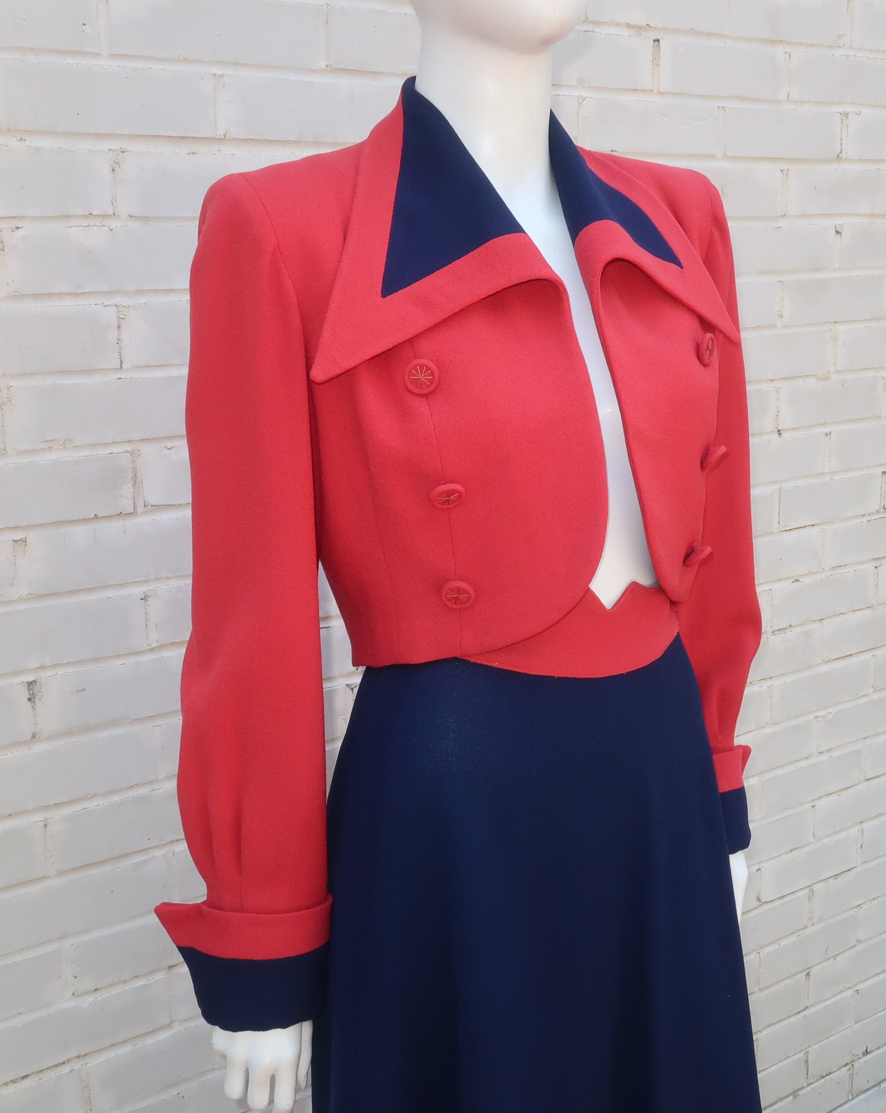 Red & Blue Crepe Skirt Suit With Cropped Jacket, 1940's In Good Condition For Sale In Atlanta, GA