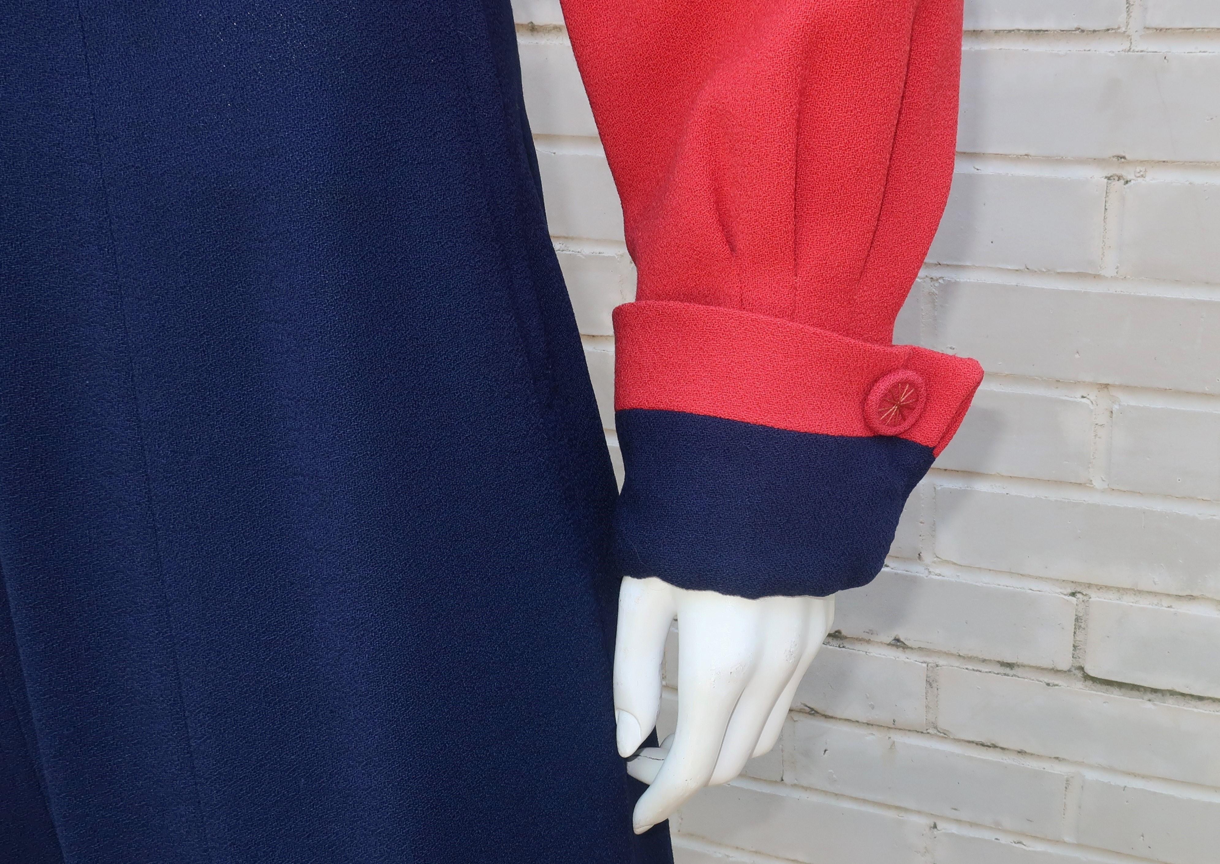 Red & Blue Crepe Skirt Suit With Cropped Jacket, 1940's For Sale 1