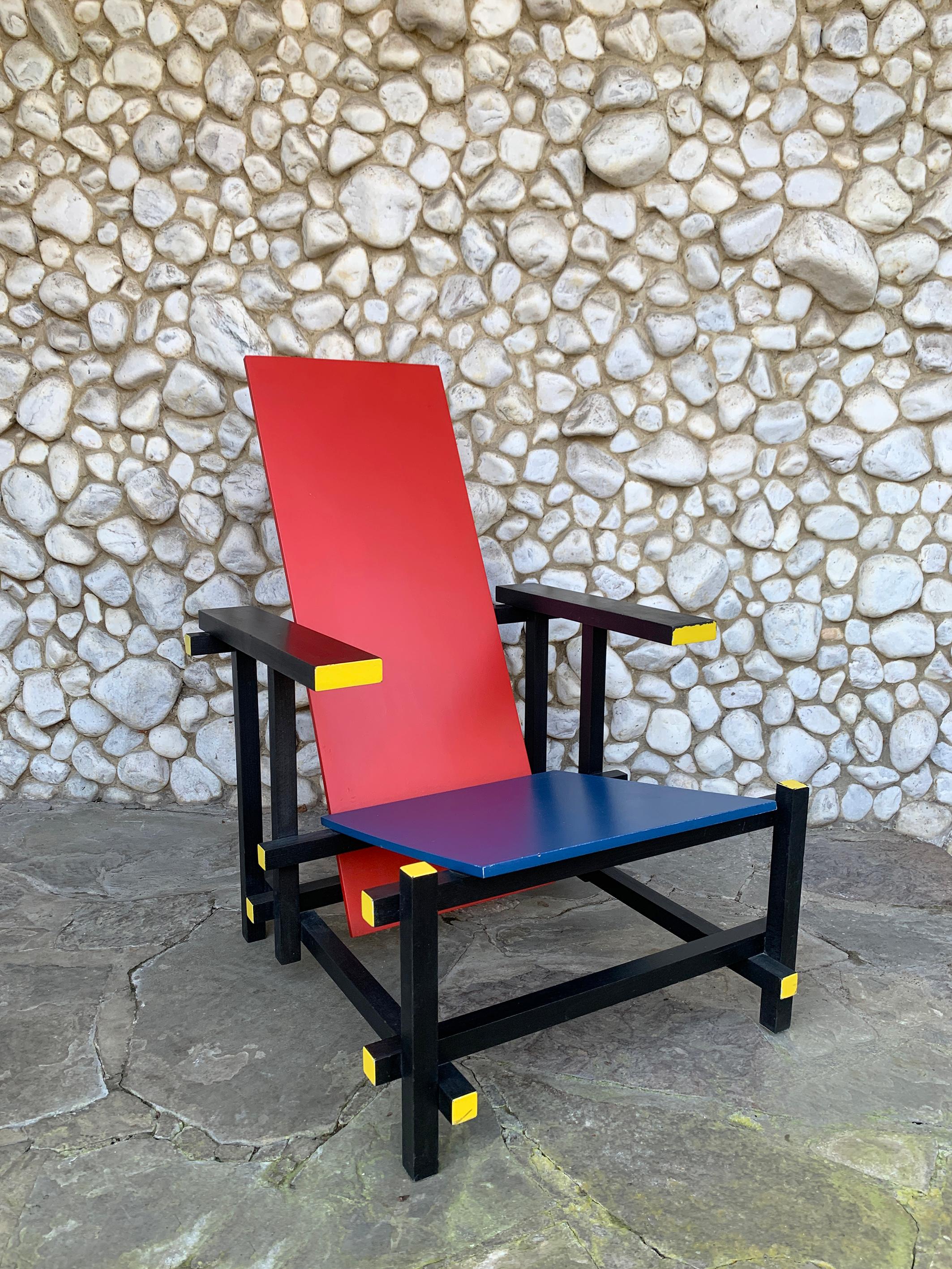 De Stijl-Sessel in Rot & Blau von Gerrit Rietveld, Vintage 1970-80er Jahre im Angebot 11