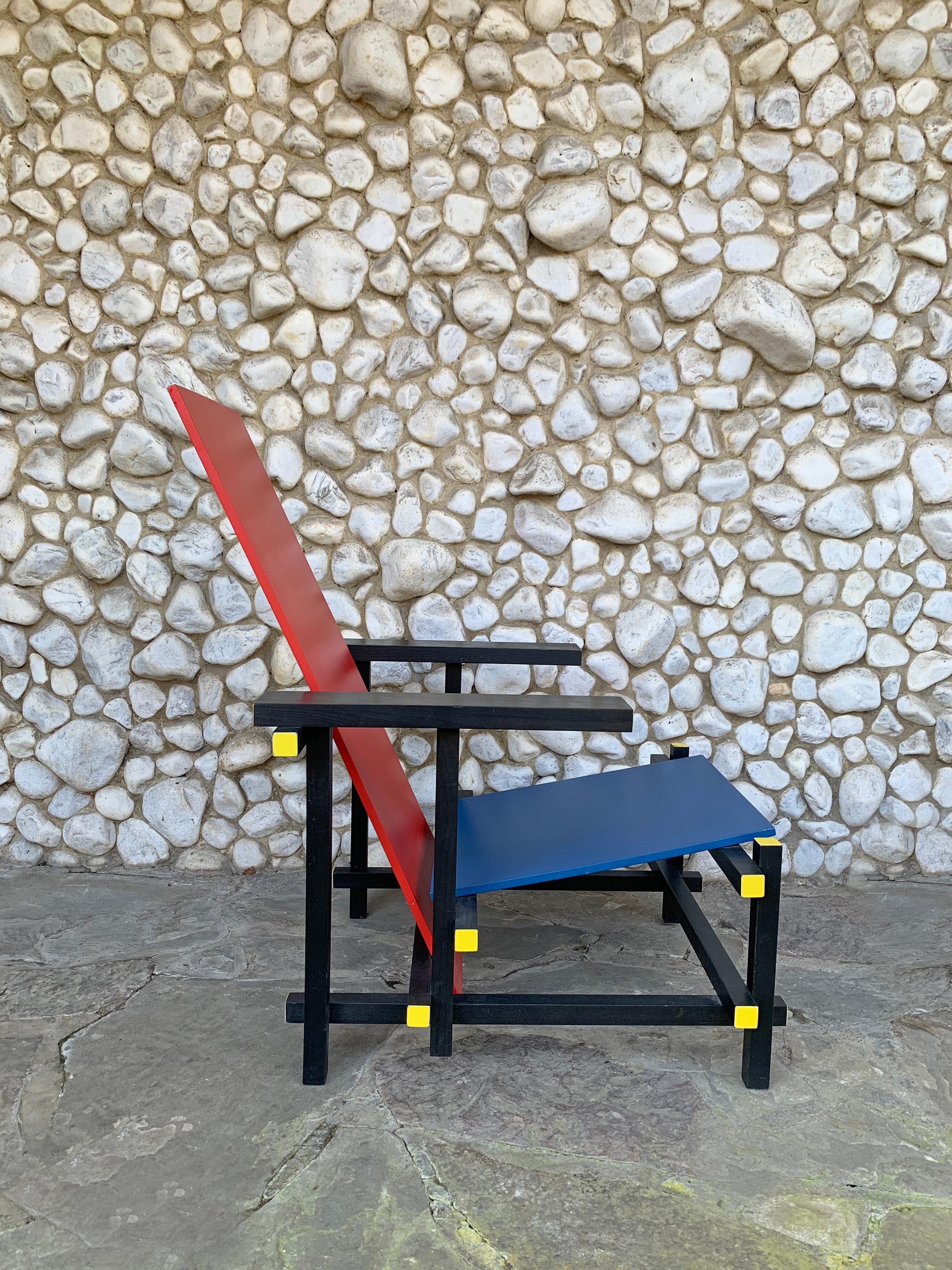 De Stijl-Sessel in Rot & Blau von Gerrit Rietveld, Vintage 1970-80er Jahre (Deutsch) im Angebot