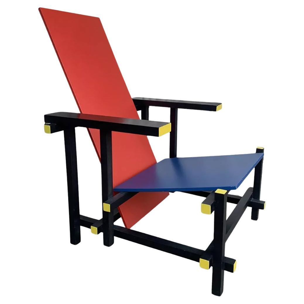 Fauteuil De Stijl rouge et bleu de Gerrit Rietveld, vintage des années 1970-80