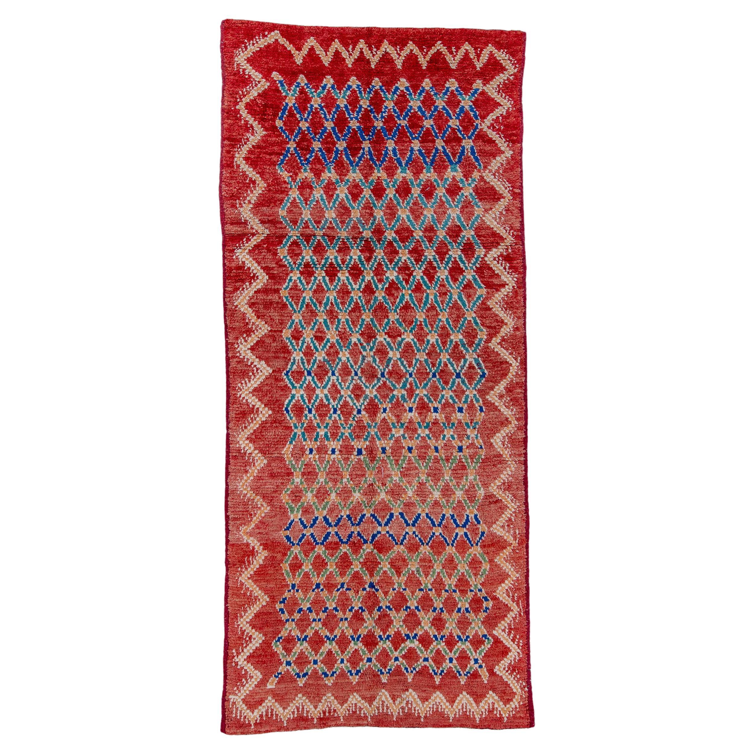 Red Blue Diamond Pattern Moroccan Wool Hand Knotted Rug For Sale