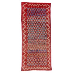 Vintage Red Blue Diamond Pattern Moroccan Wool Hand Knotted Rug