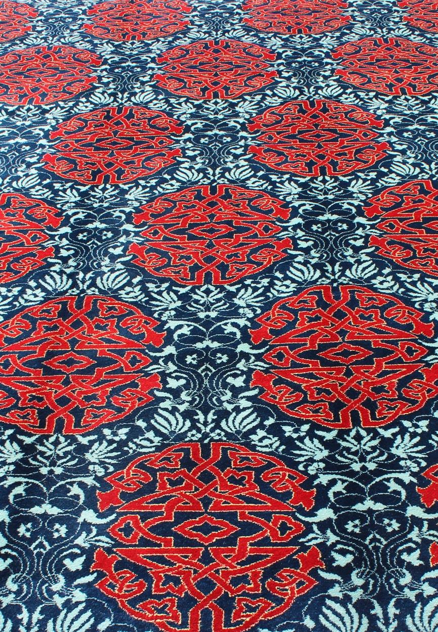 Red & Blue European Fine Rug with Geometric Medallions and Vining Blossoms For Sale 2