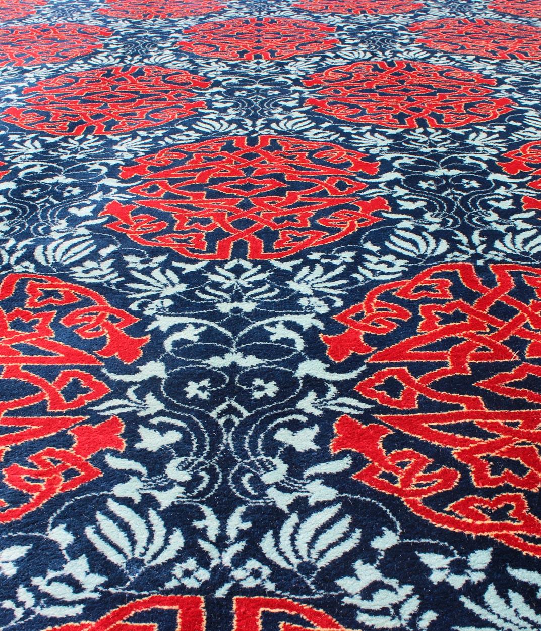 Red & Blue European Fine Rug with Geometric Medallions and Vining Blossoms For Sale 3