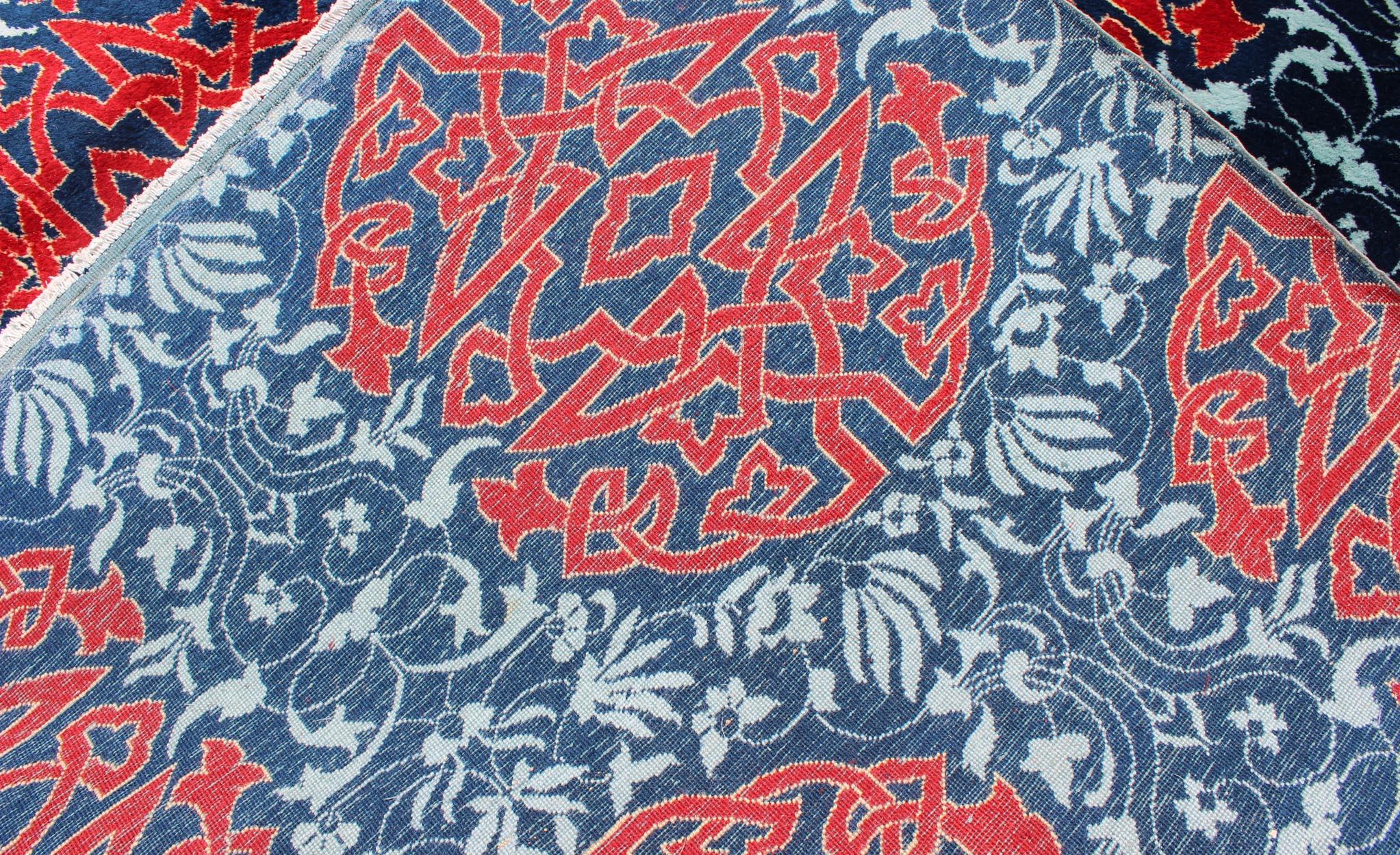 Red & Blue European Fine Rug with Geometric Medallions and Vining Blossoms For Sale 4