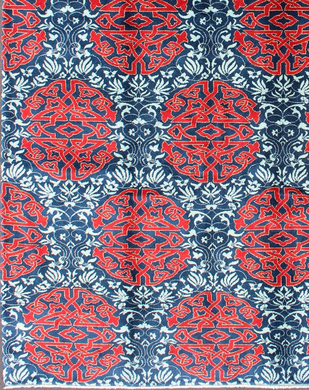 Modern Rug with Geometric Medallions and Vining Blossoms, rug TU-MTU-136065, country of origin / type: Turkey / Mid-Century Modern, circa Mid-20th Century.

Measures: 6'7 x 10'9.

This unique and modern Turkish piece is characteristic of Mid-Century