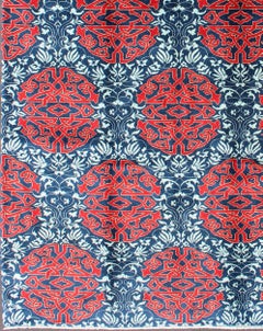 Red & Blue European Fine Rug with Geometric Medallions and Vining Blossoms