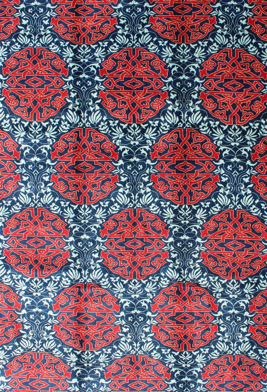 Mid-Century Modern Red & Blue European Fine Rug with Geometric Medallions and Vining Blossoms For Sale