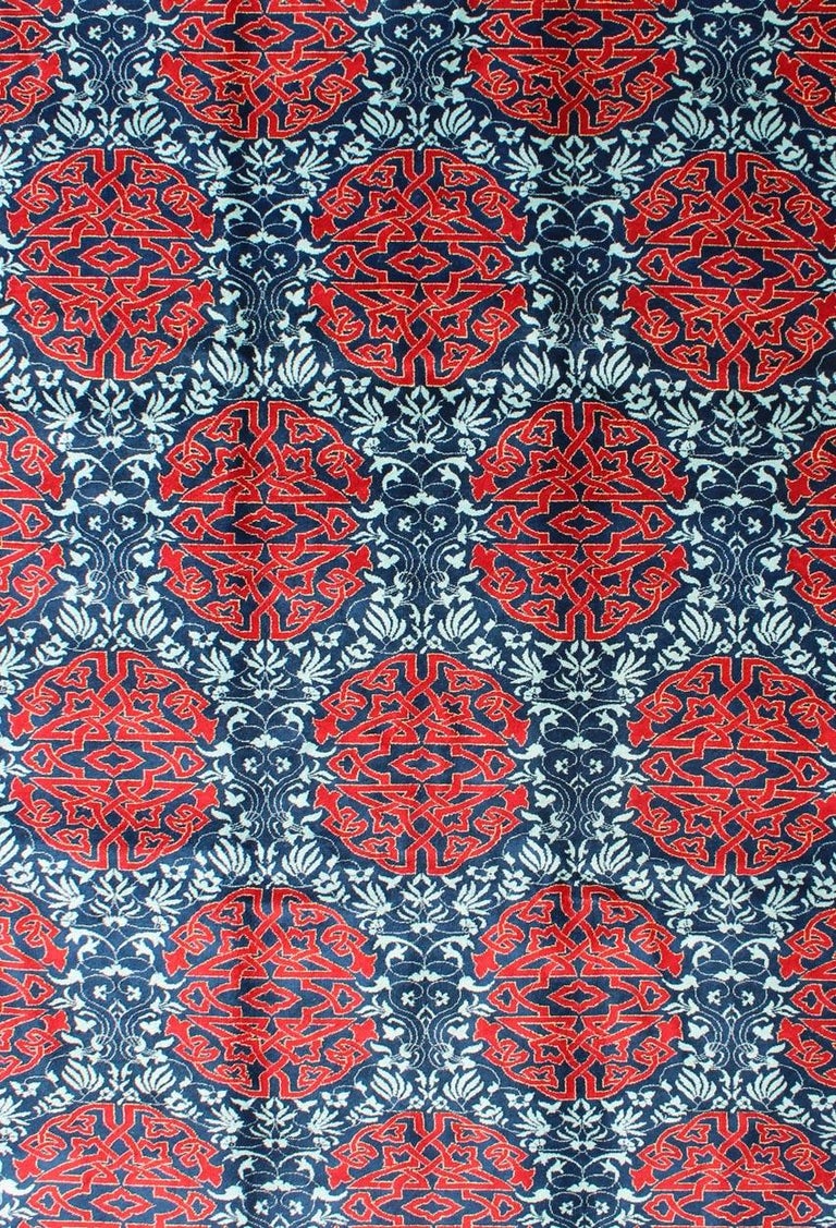 Red and Blue European Design Rug with Geometric Medallions and Vining