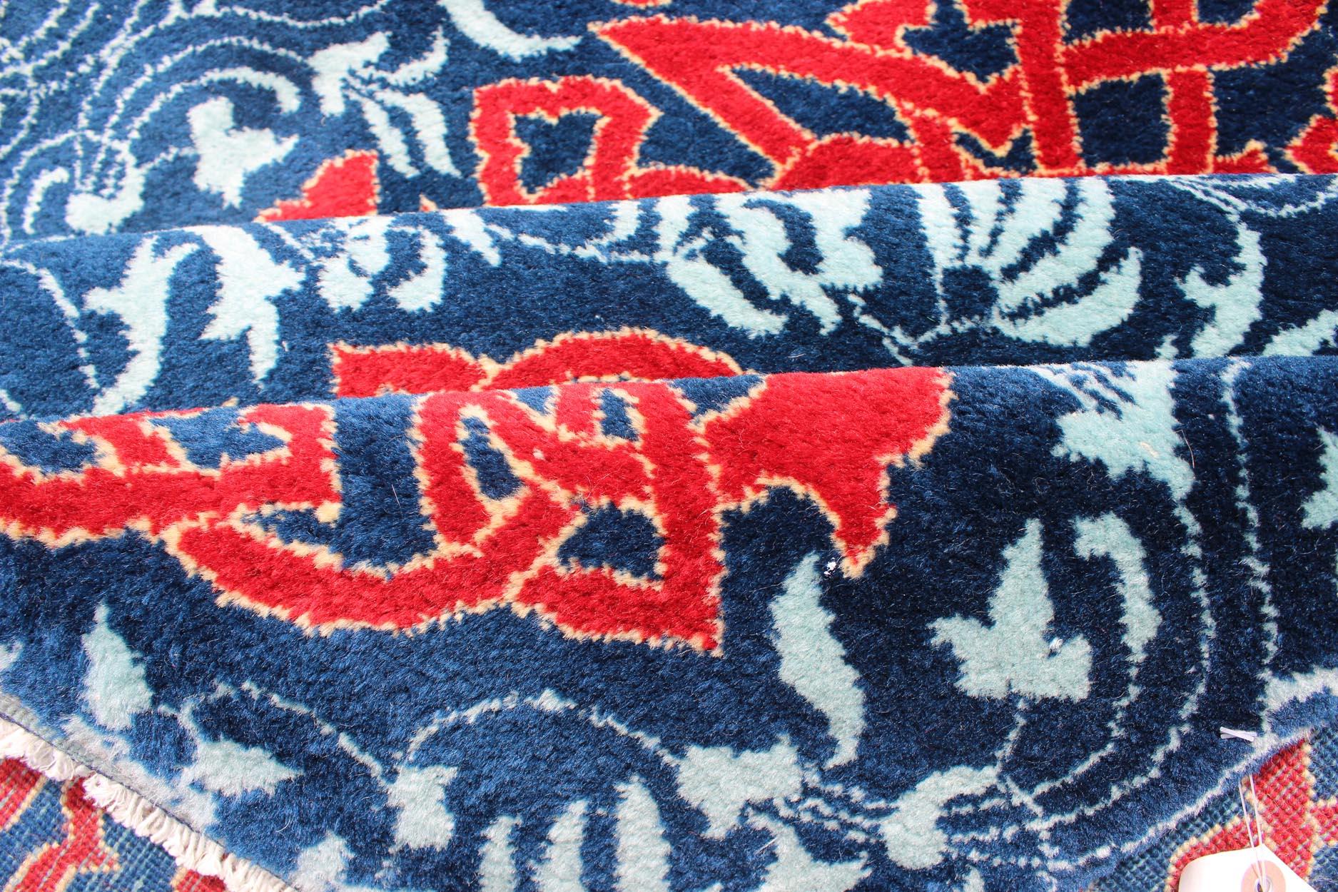 Hand-Knotted Red & Blue European Fine Rug with Geometric Medallions and Vining Blossoms For Sale