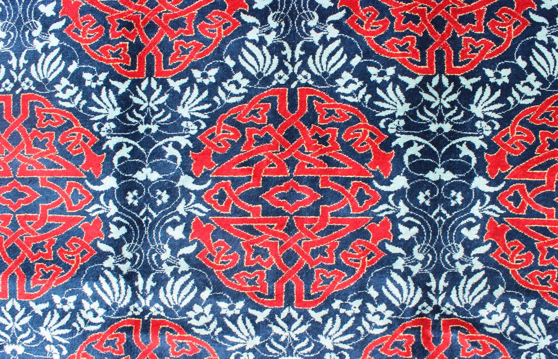 Red & Blue European Fine Rug with Geometric Medallions and Vining Blossoms In Excellent Condition For Sale In Atlanta, GA