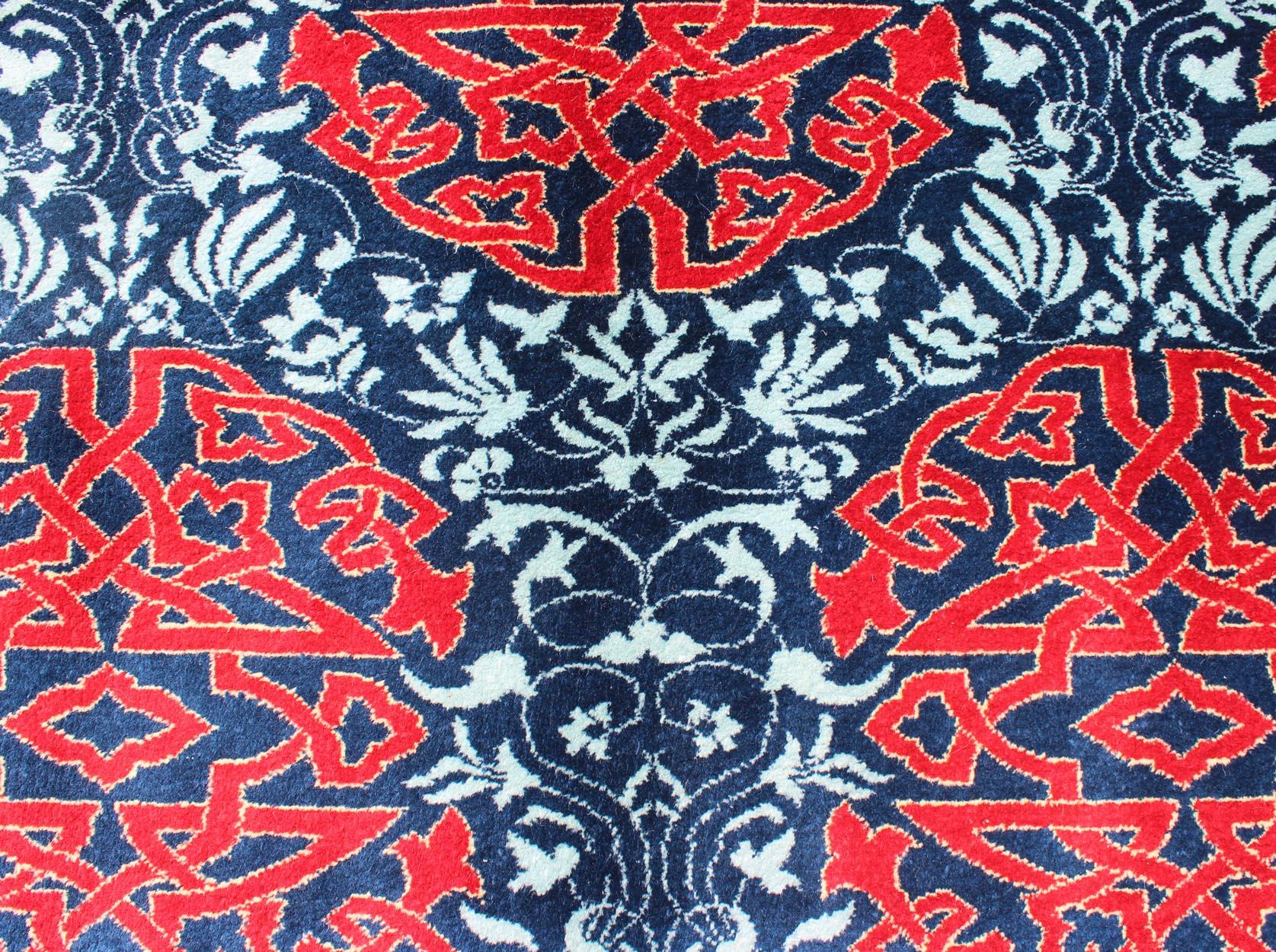20th Century Red & Blue European Fine Rug with Geometric Medallions and Vining Blossoms For Sale
