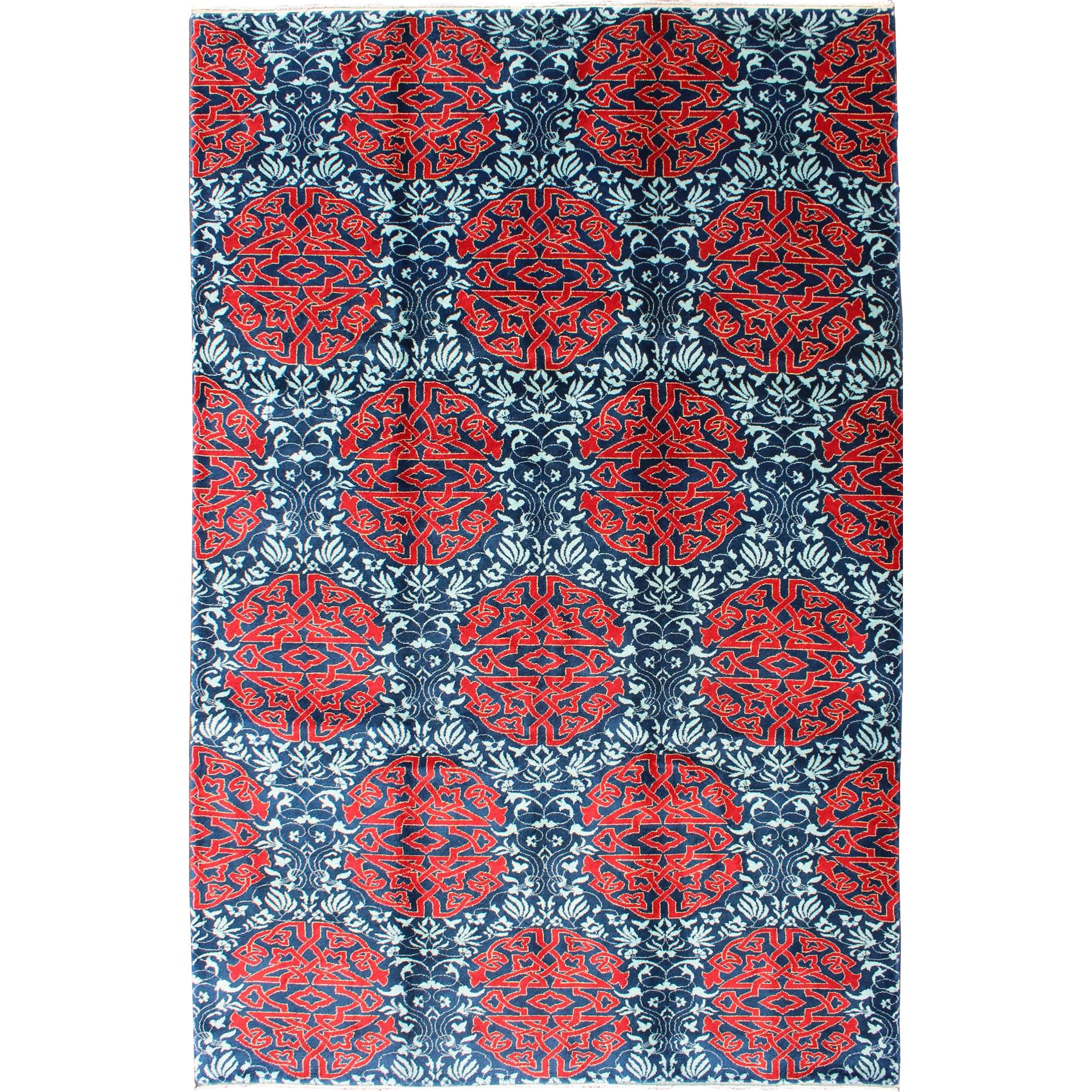 Red & Blue European Fine Rug with Geometric Medallions and Vining Blossoms For Sale