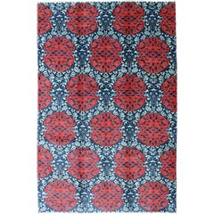 Red & Blue European Fine Rug with Geometric Medallions and Vining Blossoms