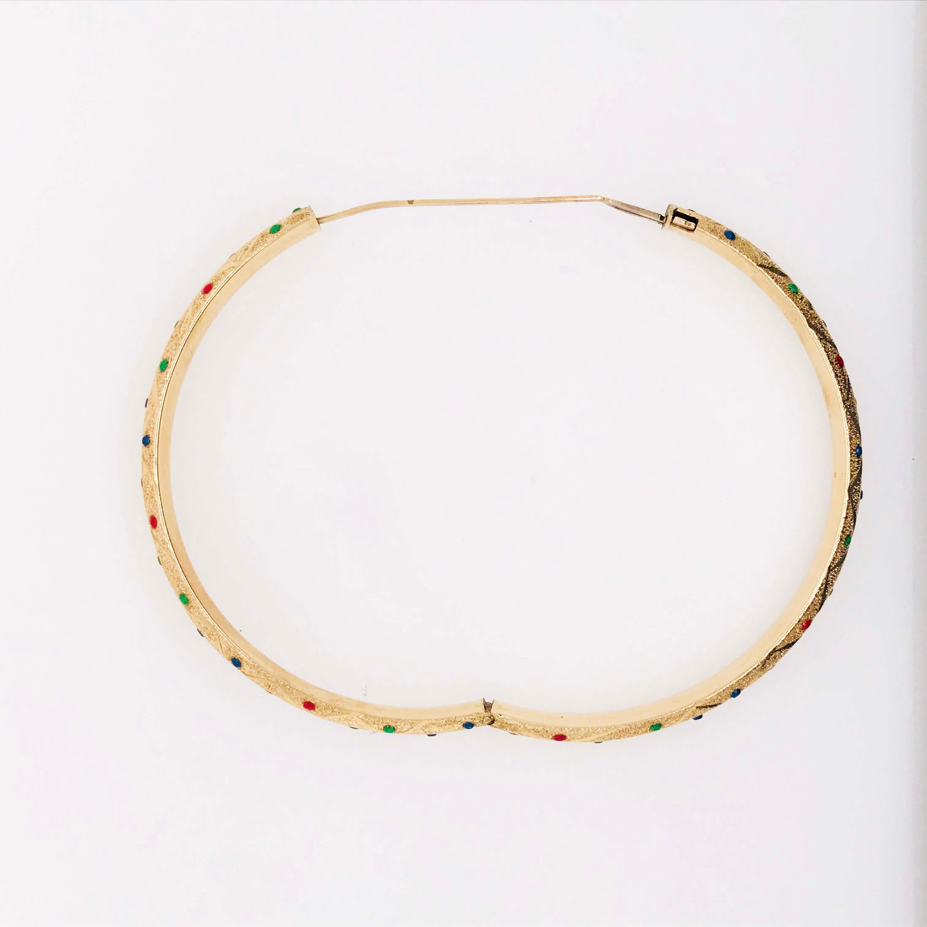 Artisan Red, Blue & Green Enamel Gold Bangle Bracelet in 14K Yellow Gold Texture Finish