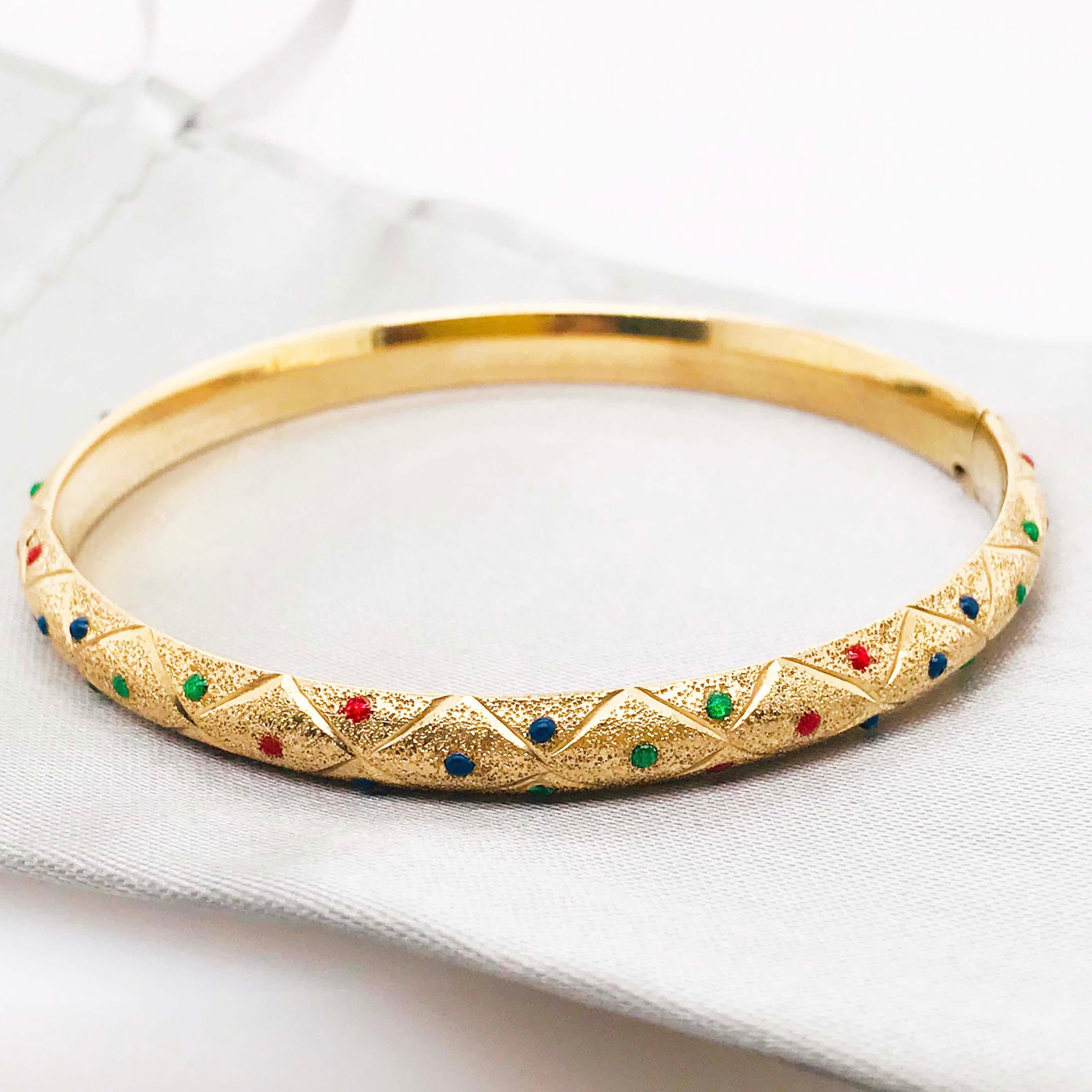 Red, Blue & Green Enamel Gold Bangle Bracelet in 14K Yellow Gold Texture Finish In New Condition In Austin, TX