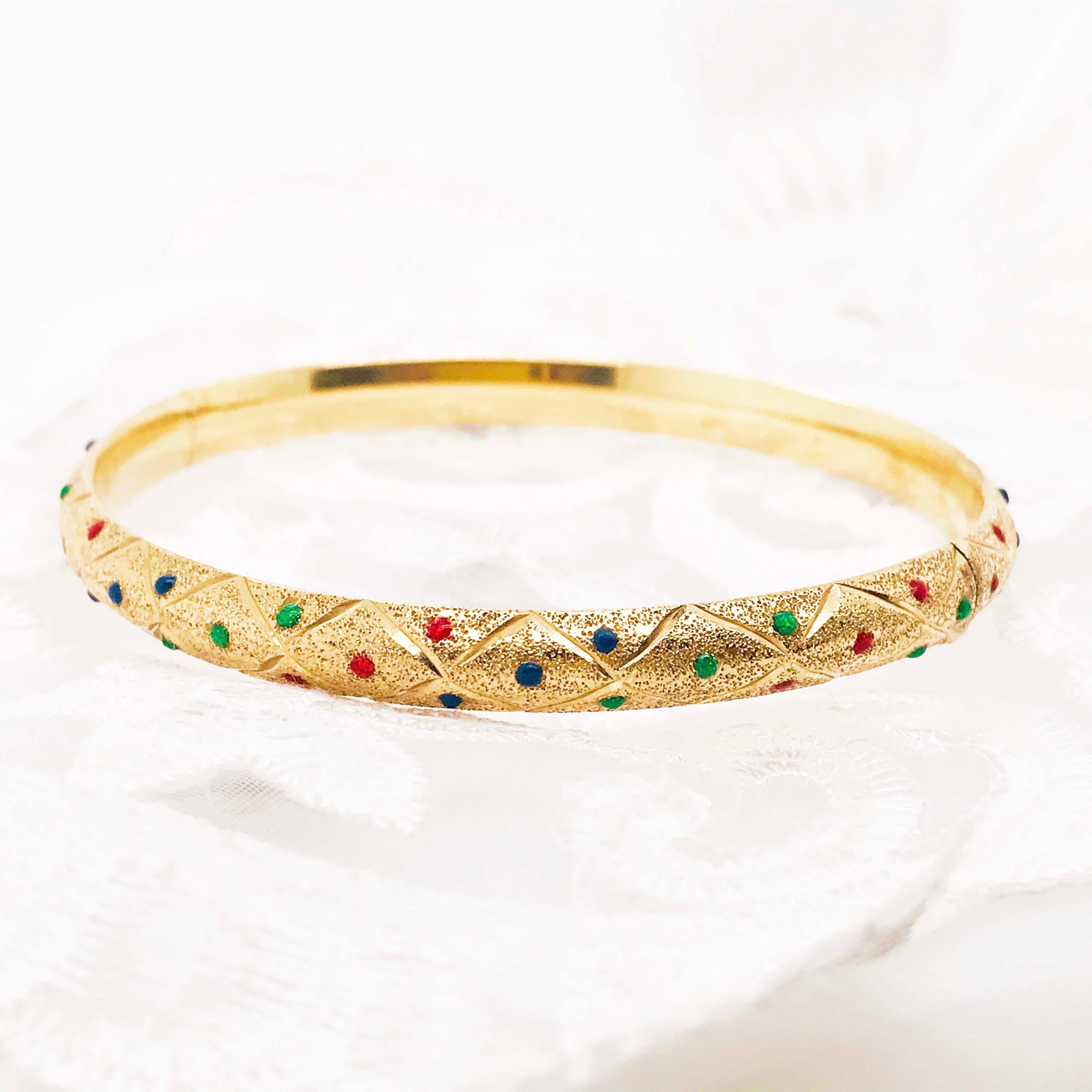 Women's Red, Blue & Green Enamel Gold Bangle Bracelet in 14K Yellow Gold Texture Finish