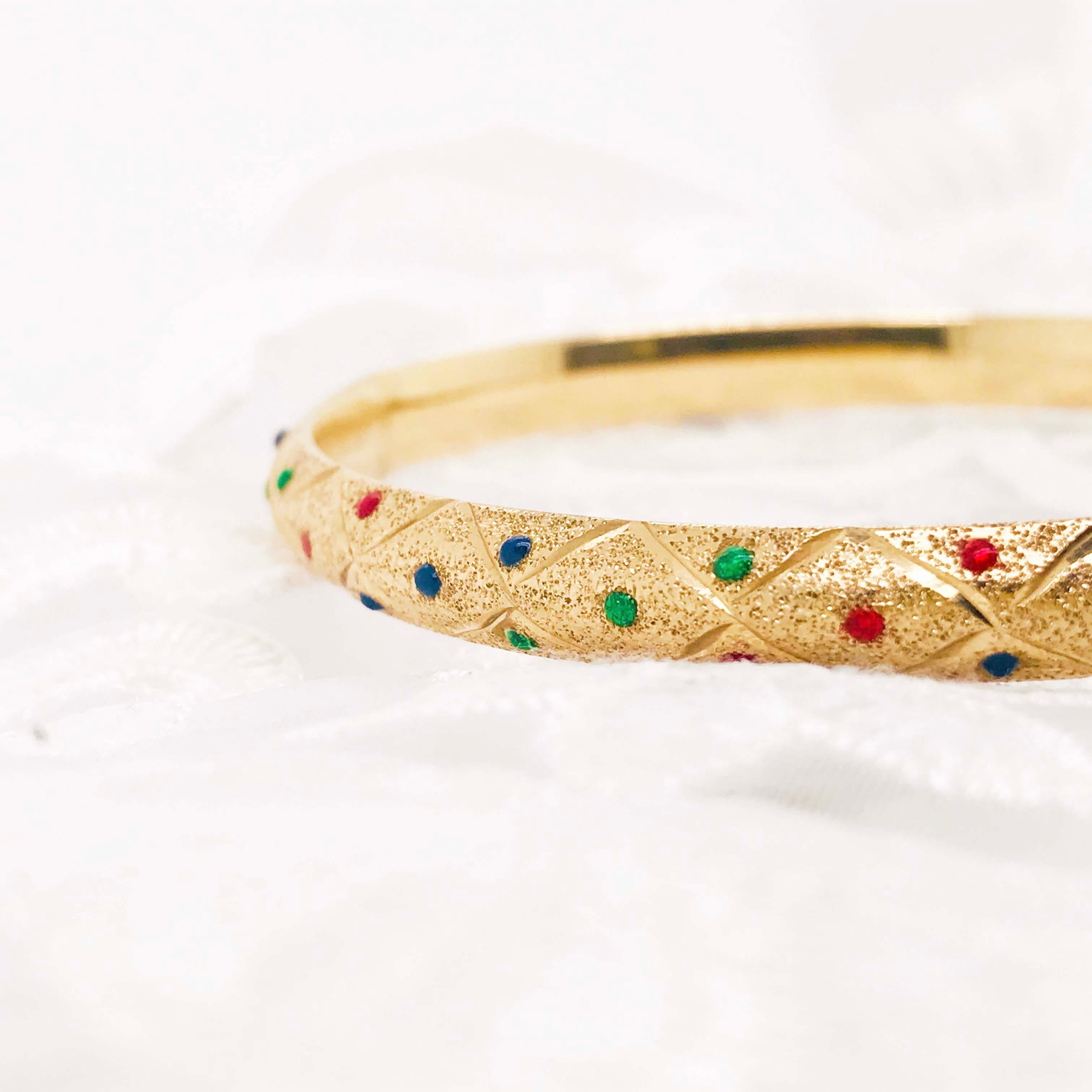 Red, Blue & Green Enamel Gold Bangle Bracelet in 14K Yellow Gold Texture Finish 1