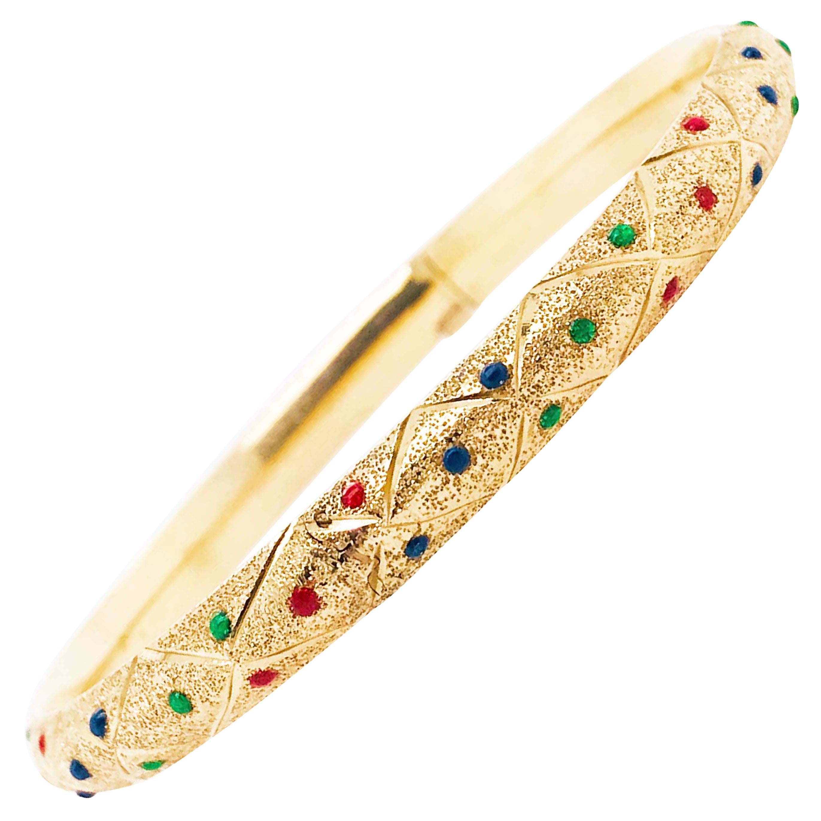 Red, Blue & Green Enamel Gold Bangle Bracelet in 14K Yellow Gold Texture Finish