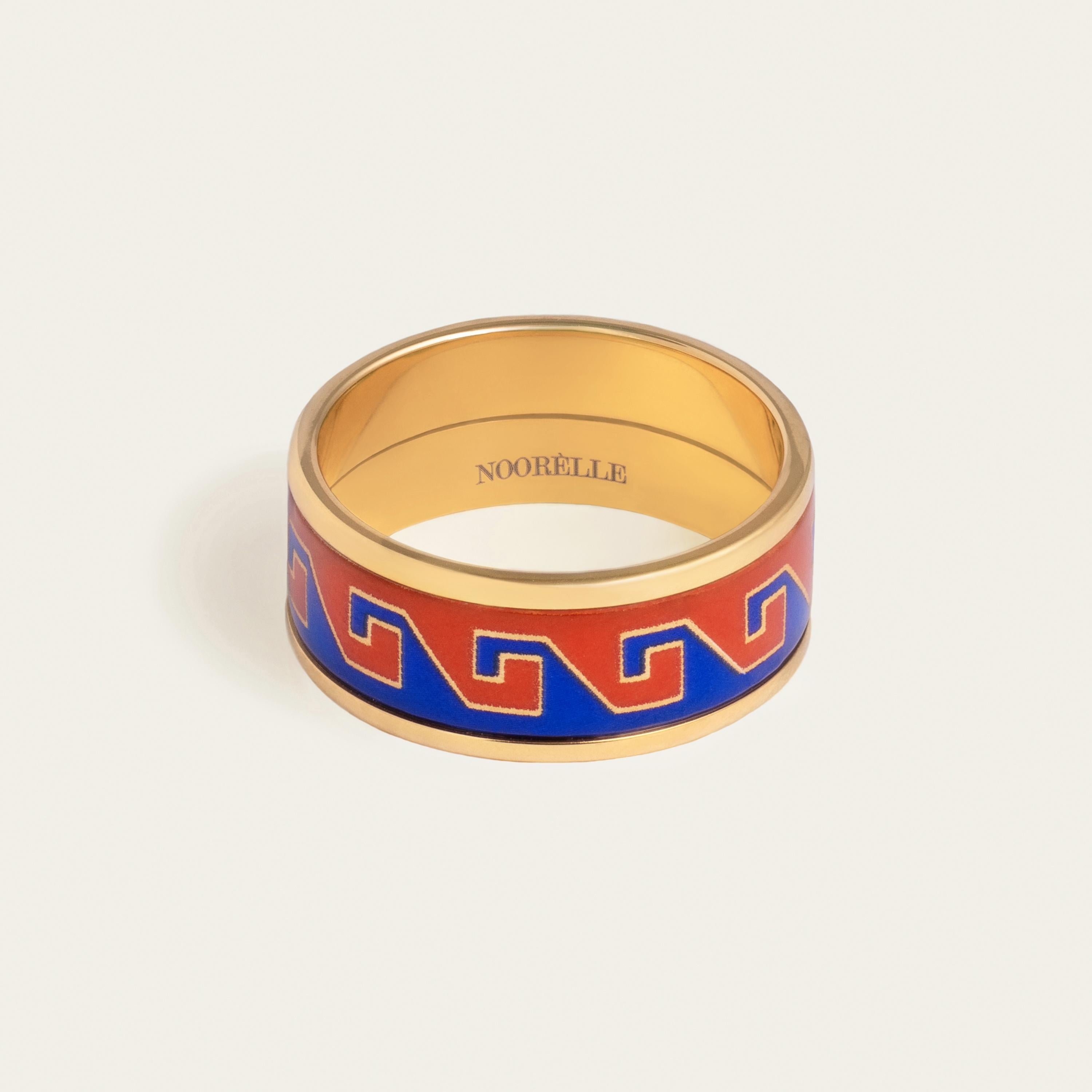 For Sale:  Red Blue Hand Painted Gold Plated Stainless Steel Band Ring with Fire Enamel 3