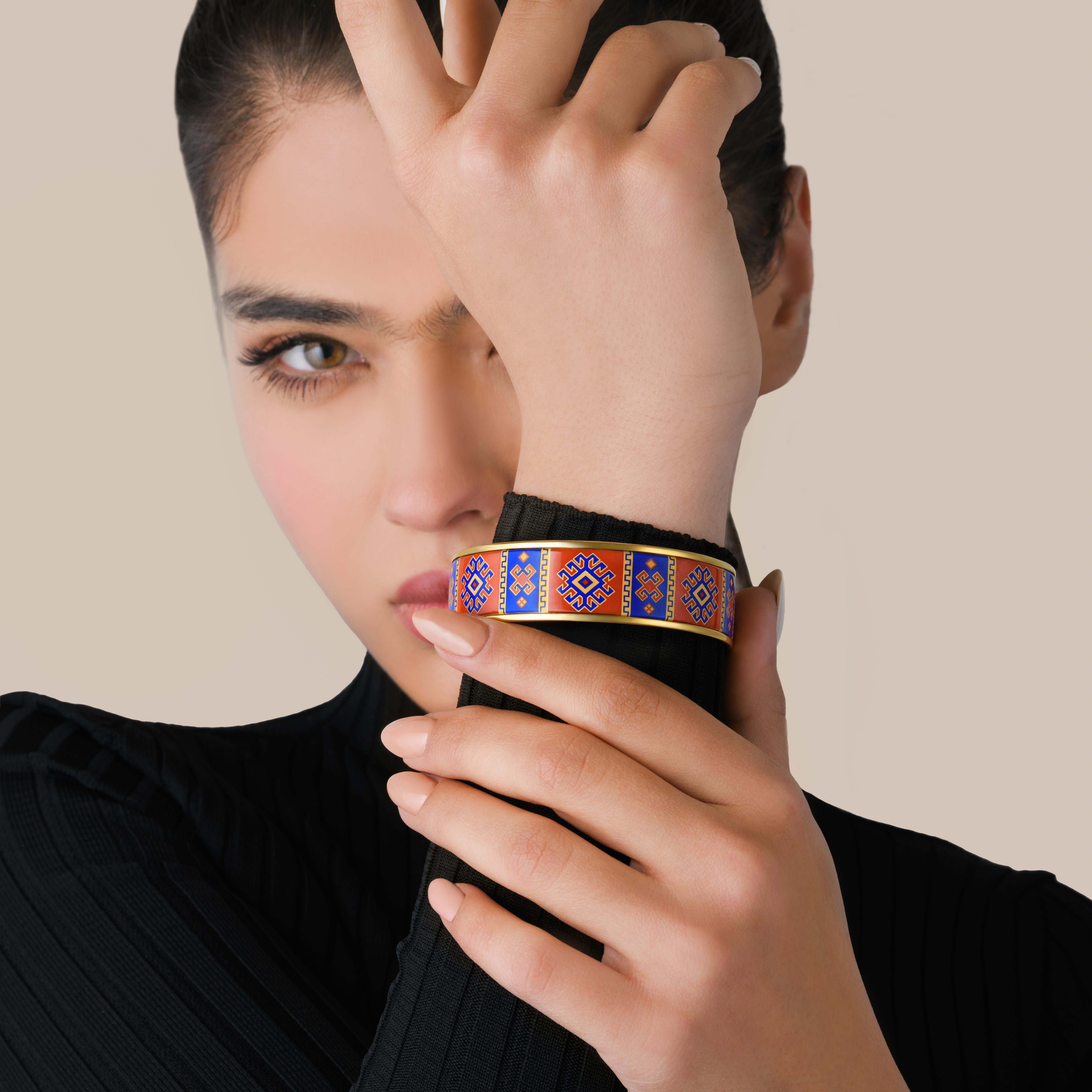 Contemporary Red Blue Hand Painted Gold Plated Stainless Steel Bangle with Fire Enamel Detail For Sale