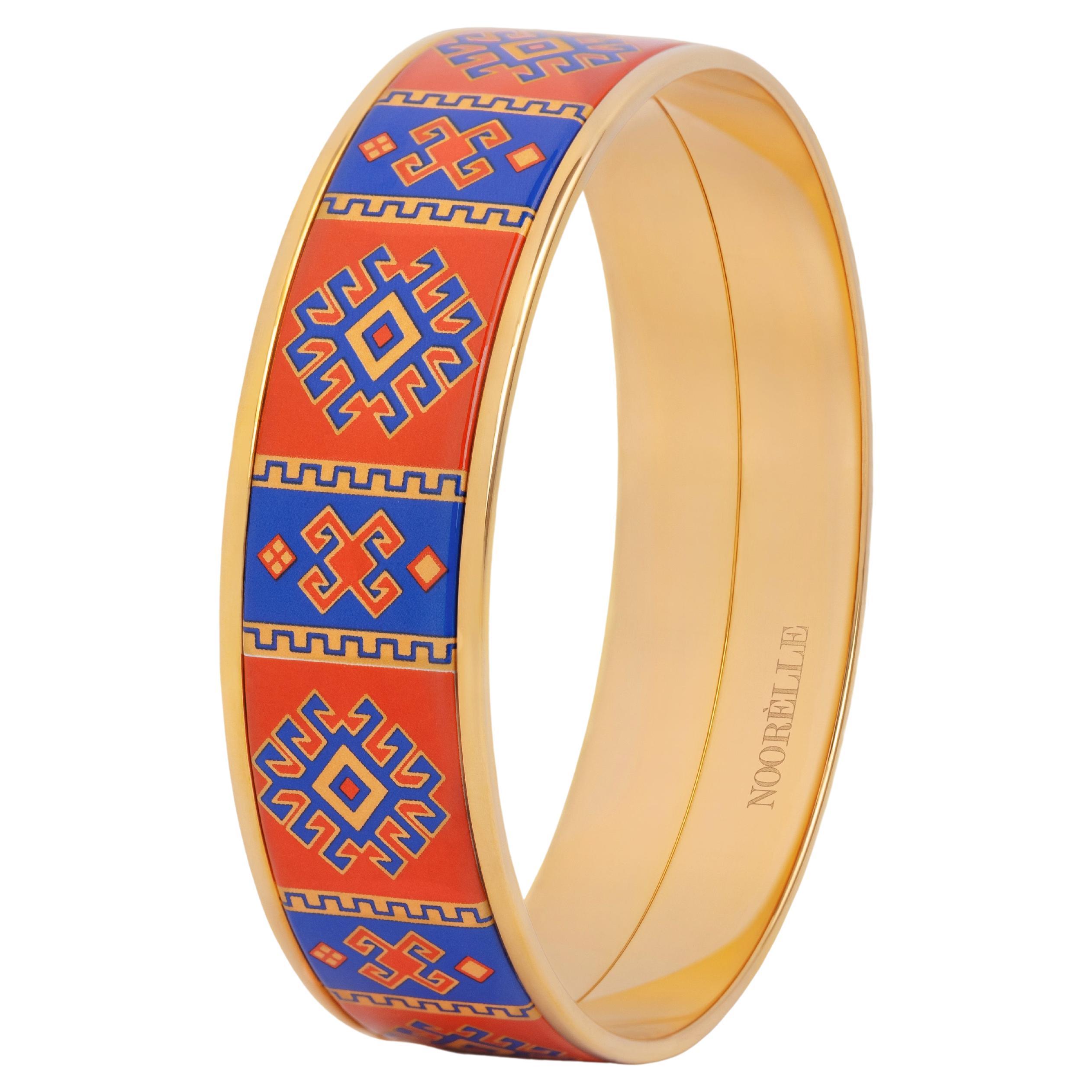 Red Blue Hand Painted Gold Plated Stainless Steel Bangle with Fire Enamel Detail For Sale
