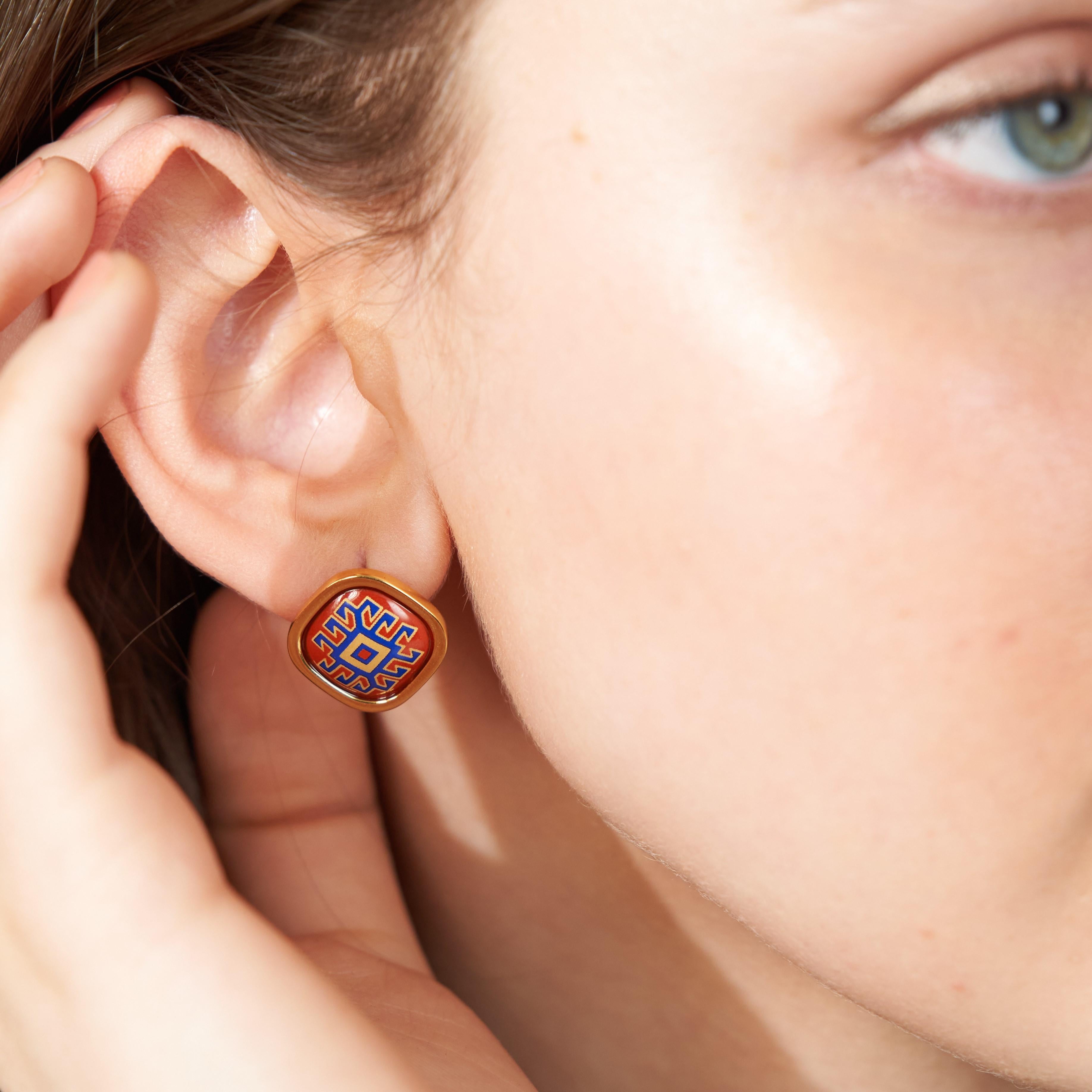 Indulge in exquisite style with our 18k gold-plated stainless steel earrings. Hand-painted with vibrant fire enamel, these hypoallergenic earrings are a true masterpiece of luxury and beauty. Shop now and elevate your look to new heights!