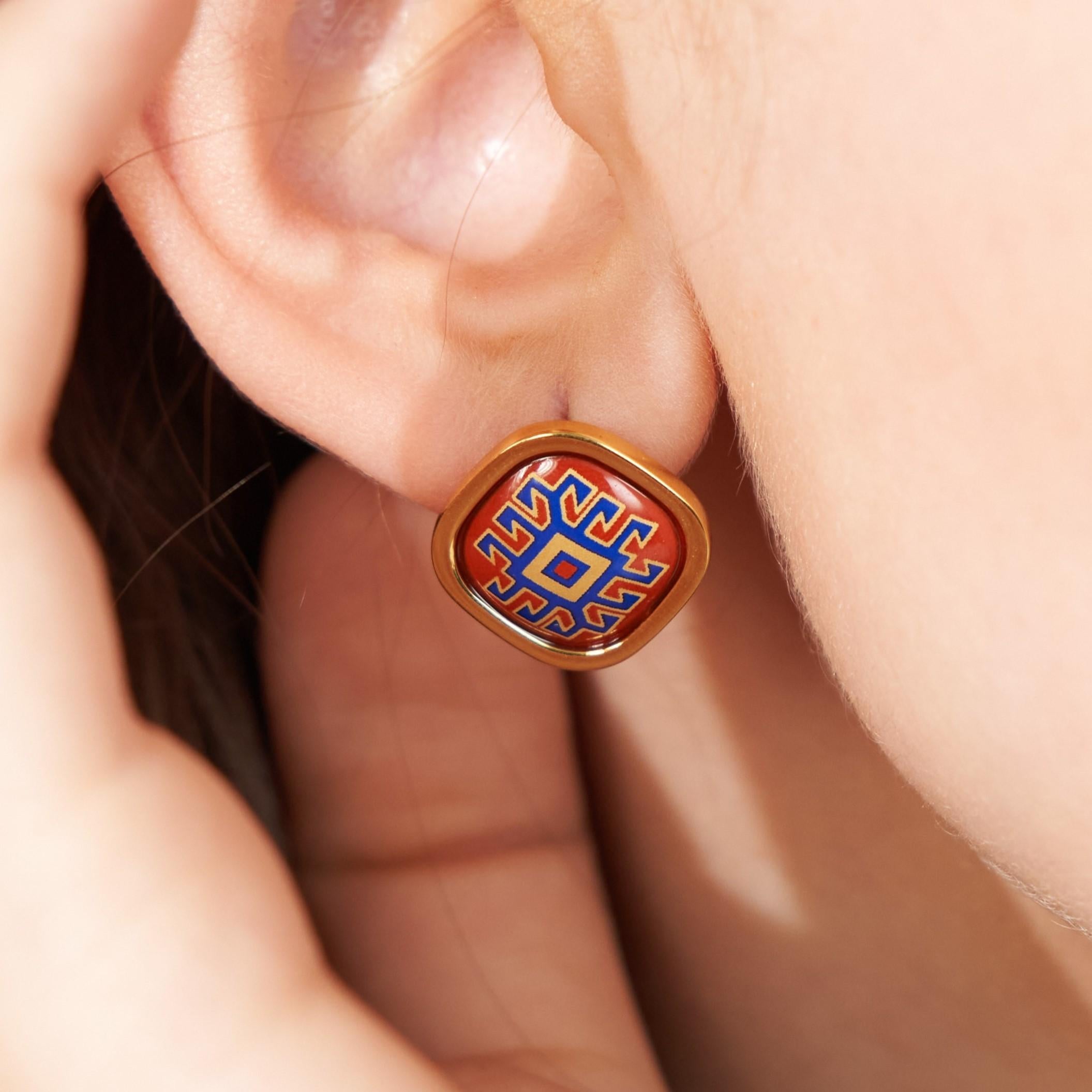 Contemporary Red Blue Hand Painted Gold Plated Stainless Steel Stud Earrings with Fire Enamel For Sale