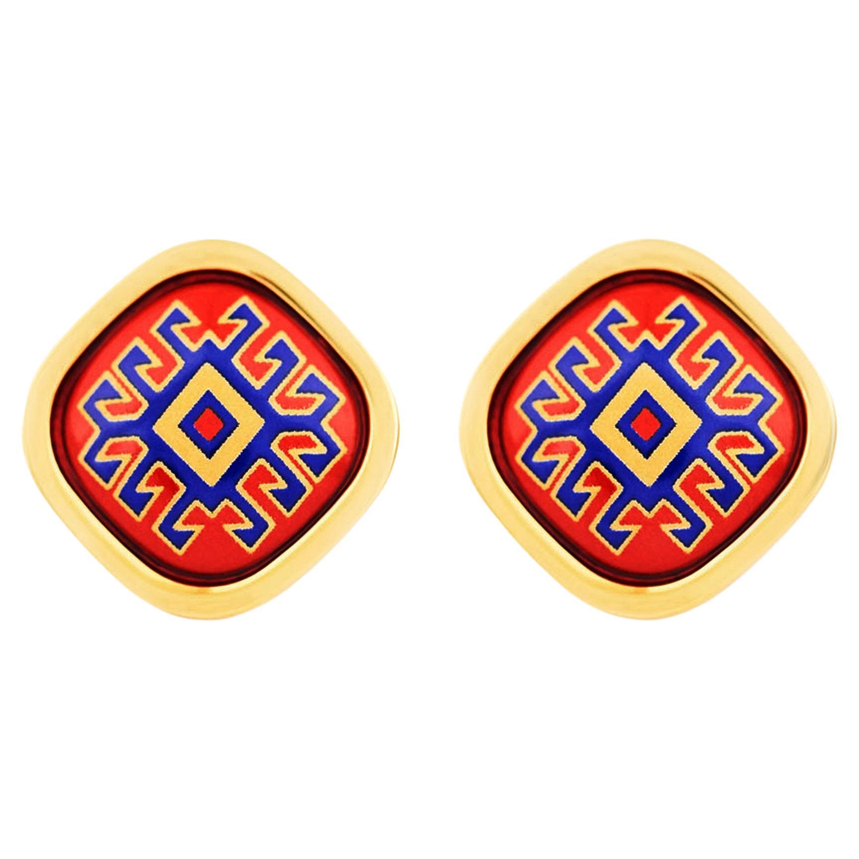 Red Blue Hand Painted Gold Plated Stainless Steel Stud Earrings with Fire Enamel For Sale