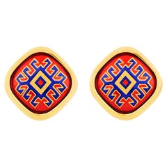 Red Blue Hand Painted Gold Plated Stainless Steel Stud Earrings with Fire Enamel