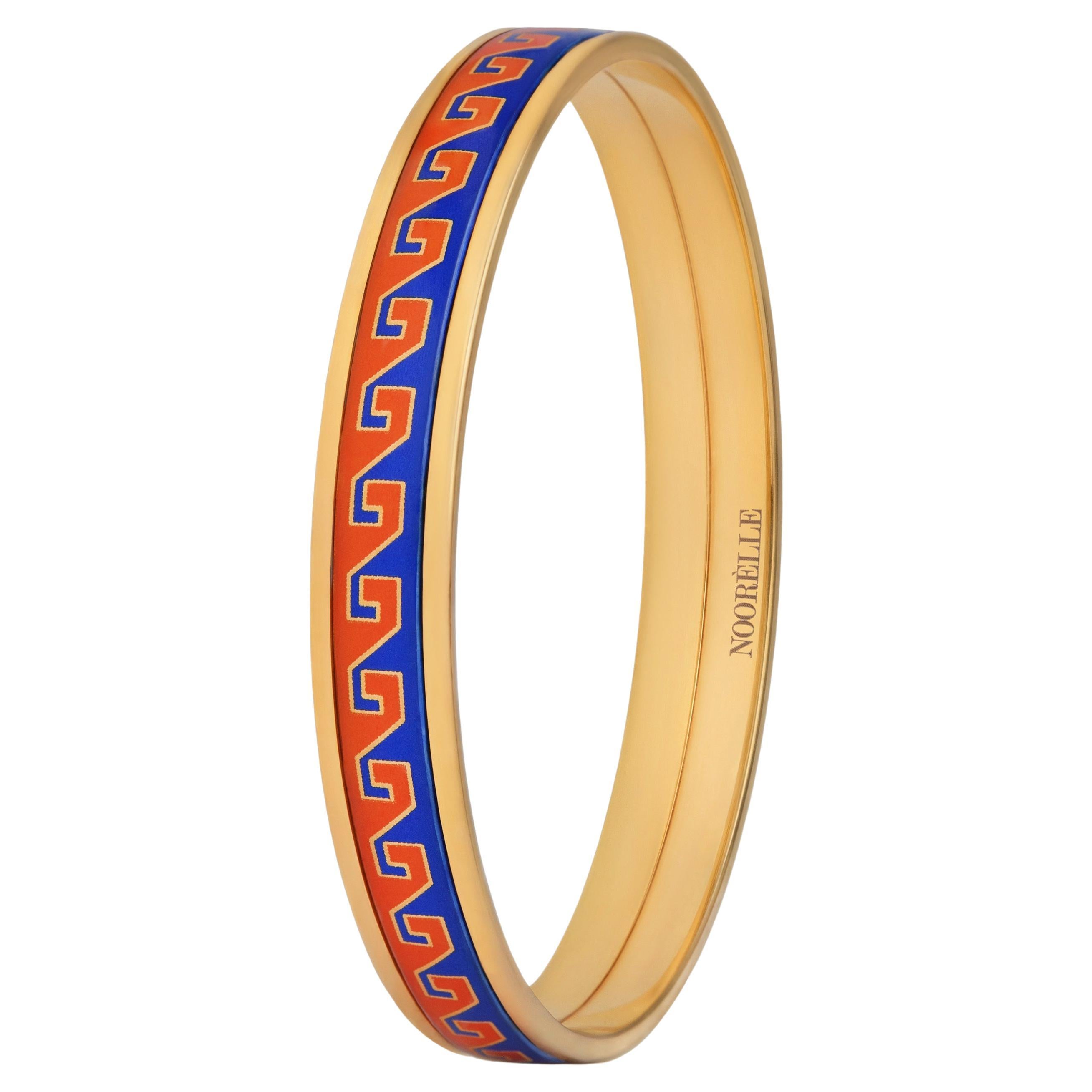 Red Blue Hand Painted Gold Plated Stainless Steel Thin Bangle with Fire Enamel  For Sale