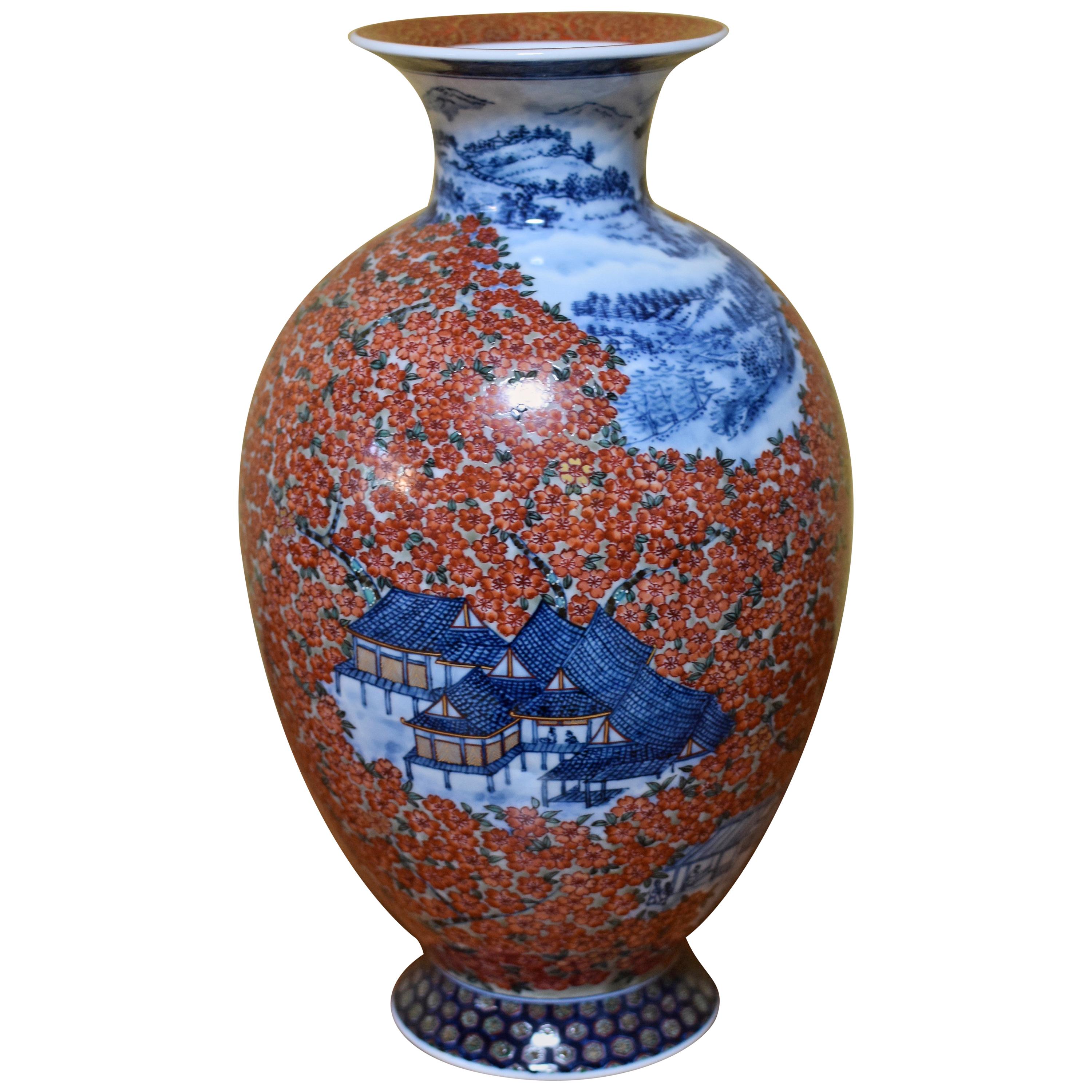 Red Blue Japanese Porcelain Vase by Contemporary Master Artist
