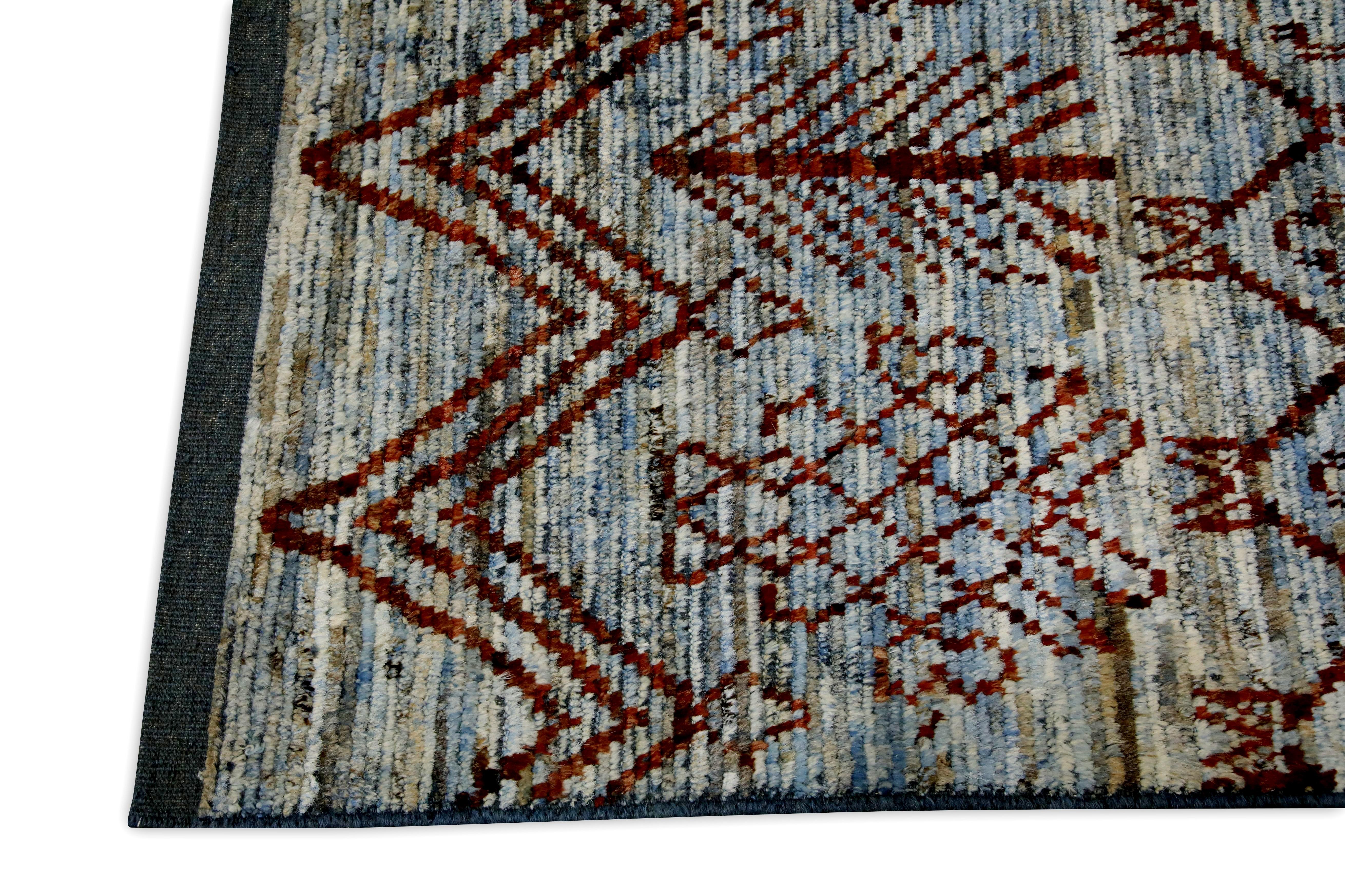 Vegetable Dyed Red & Blue Handmade Wool Modern Turkish Rug in Geometric Design 6'2