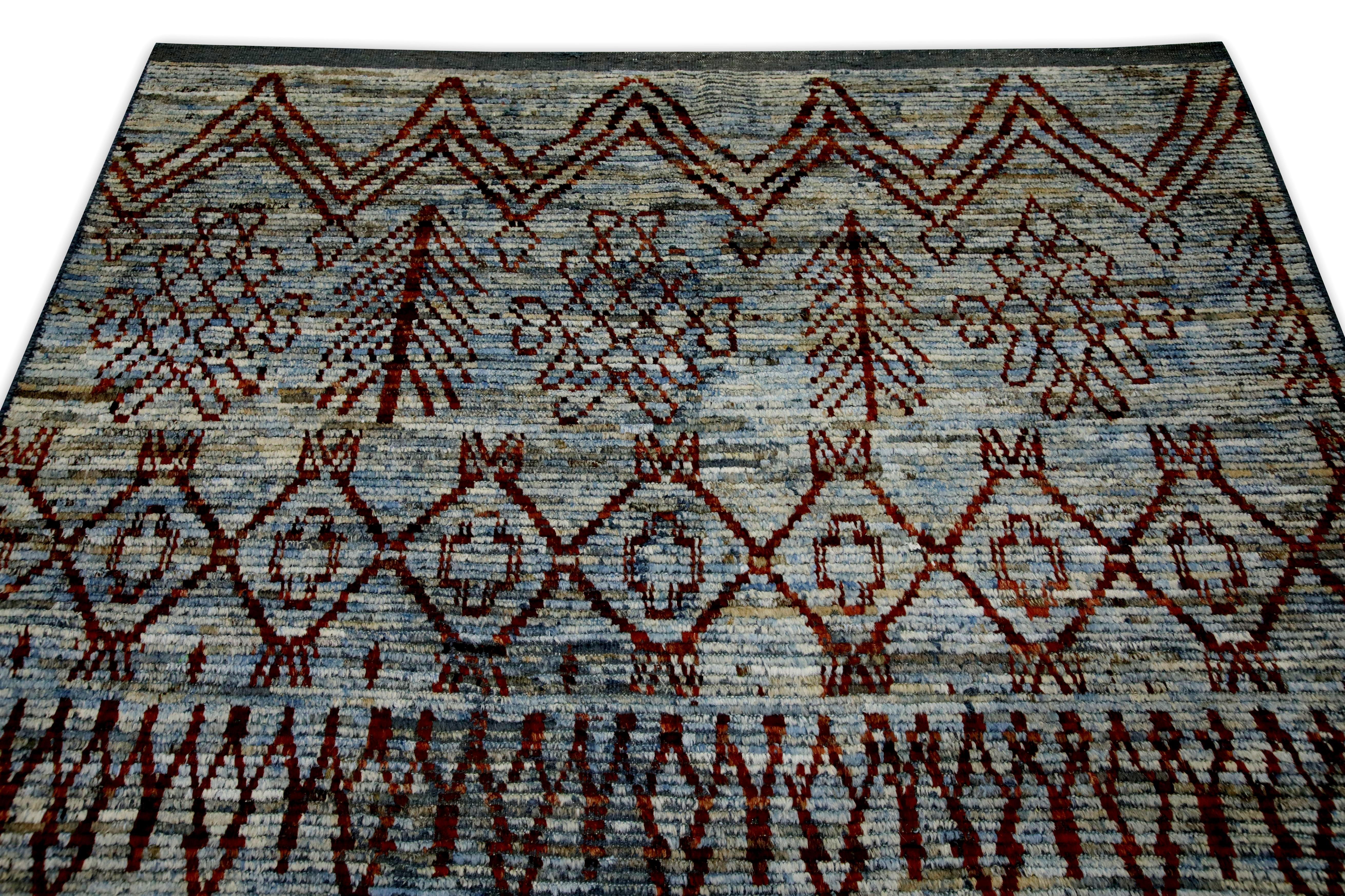 Red & Blue Handmade Wool Modern Turkish Rug in Geometric Design 6'2