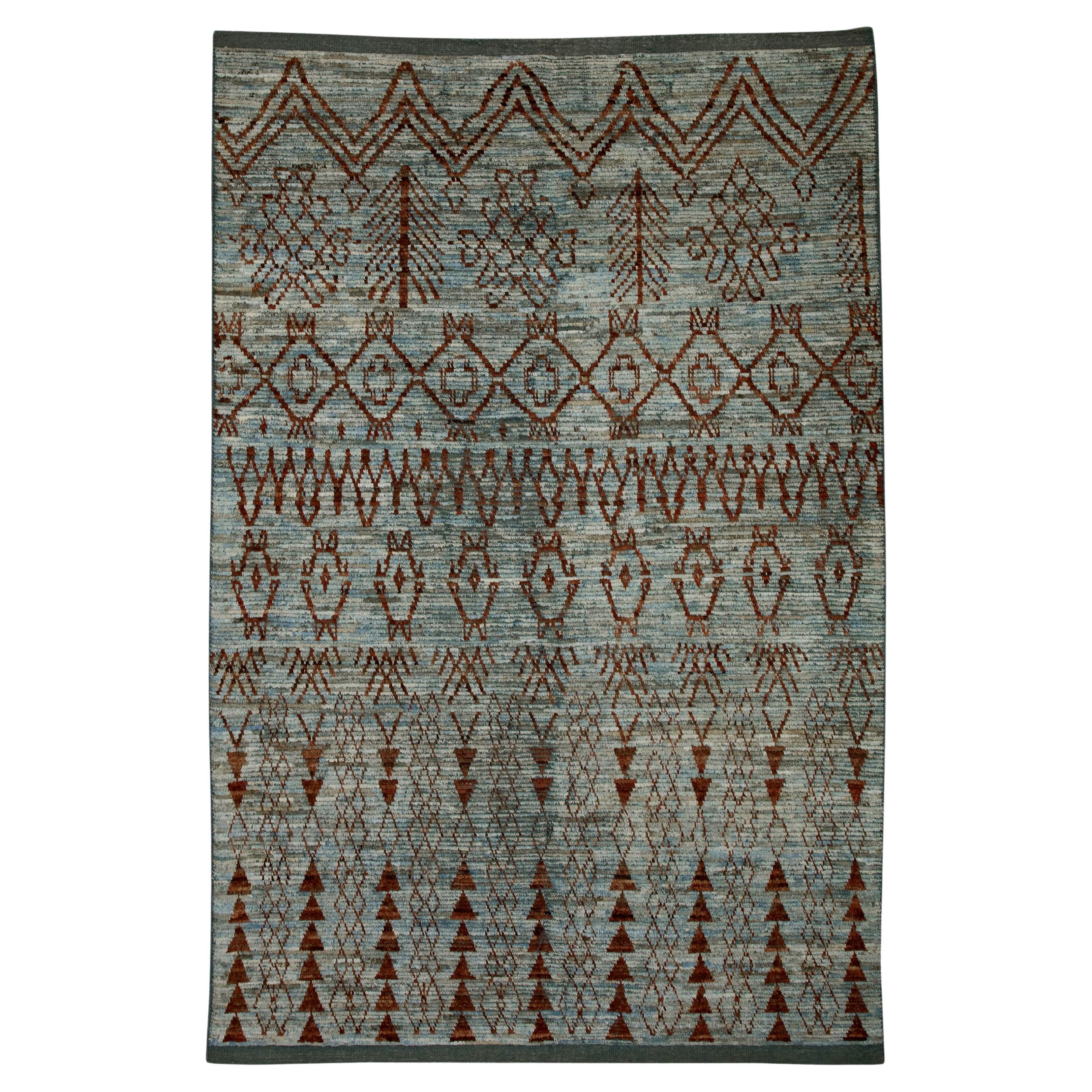 Handgefertigter moderner türkischer Teppich aus Wolle in Rot & Blau in geometrischem Design 6'2" x 9'5"