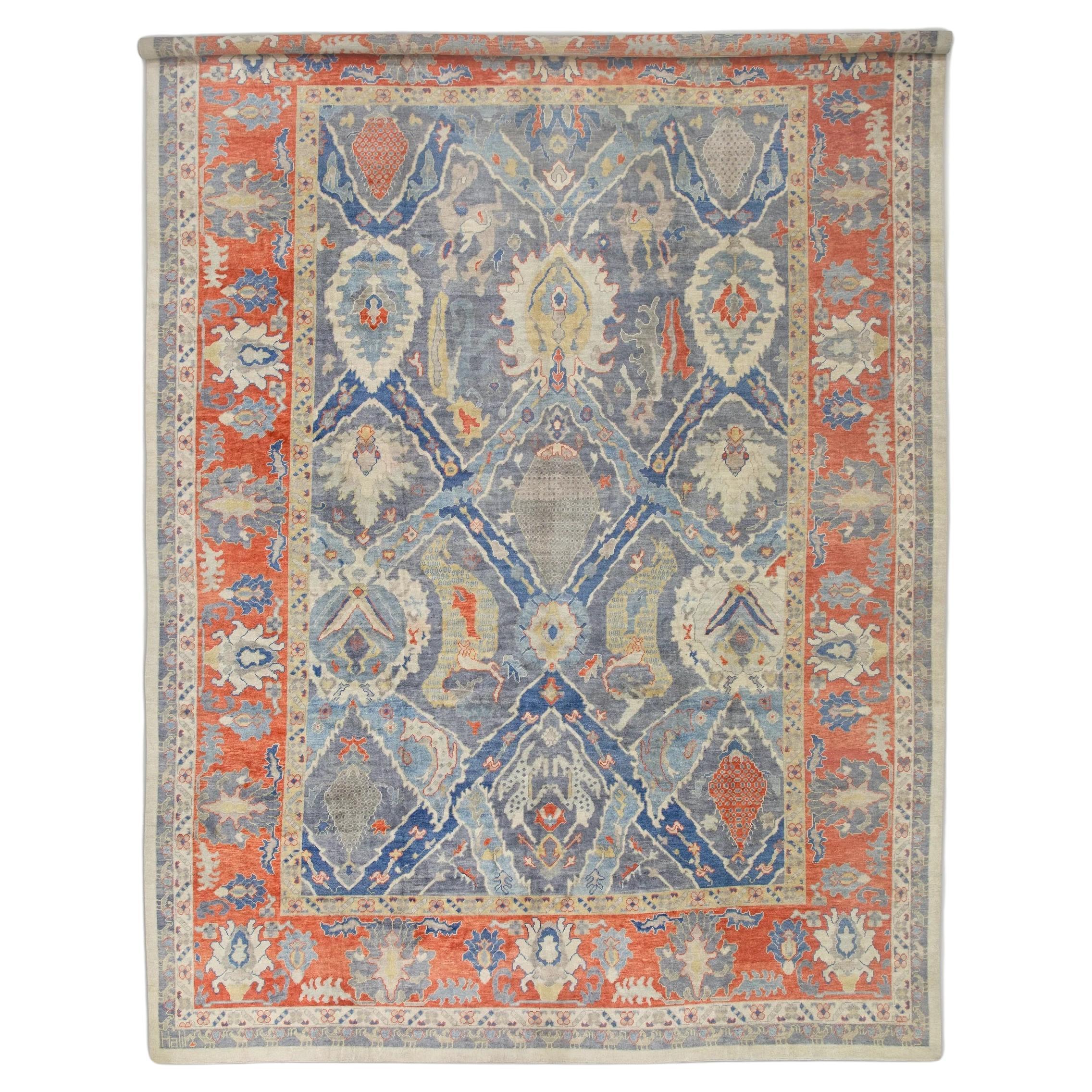 Red & Blue Handwoven Wool Turkish Oushak Rug 13'4" x 19' For Sale