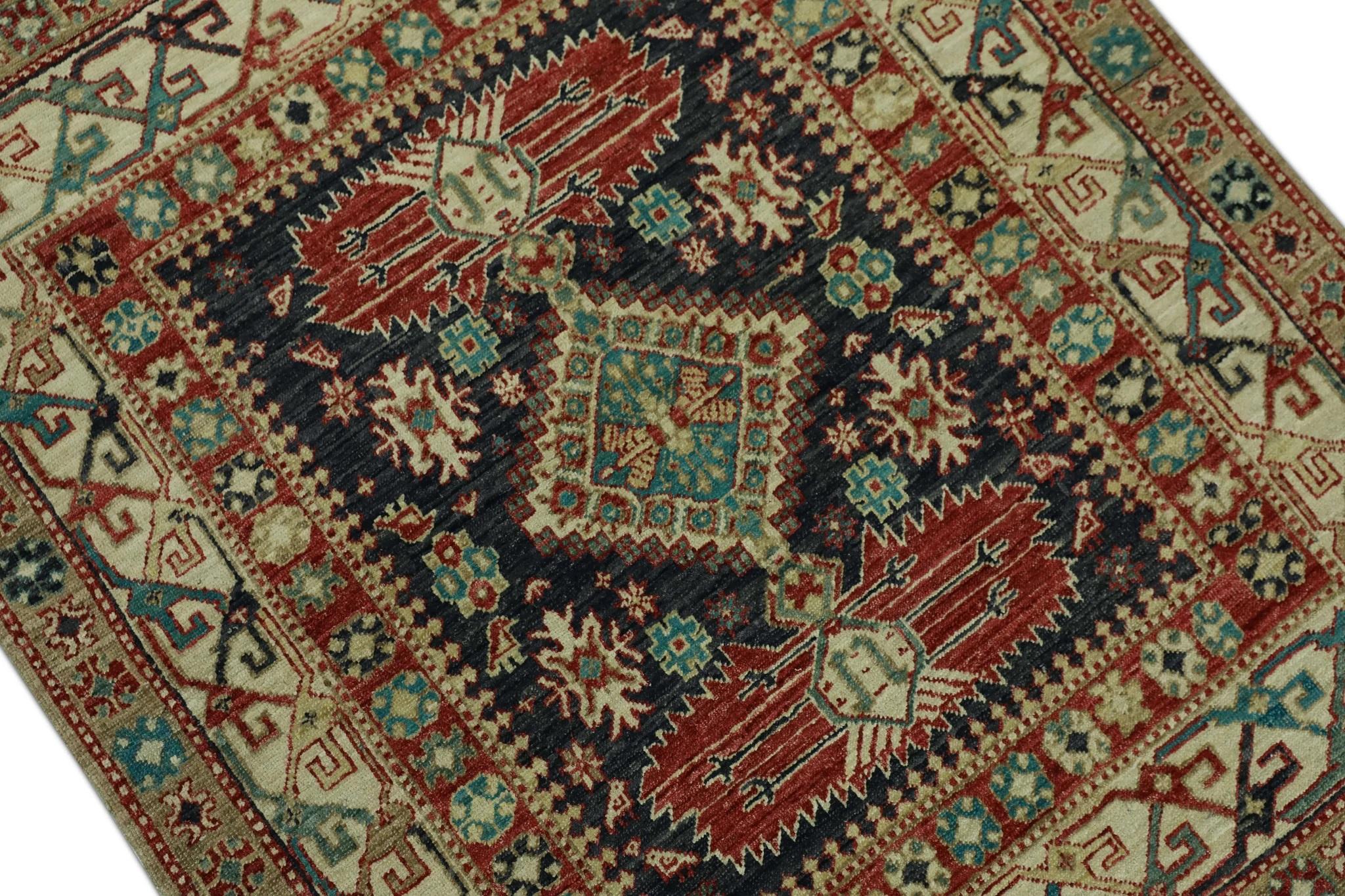 Vegetable Dyed Red & Blue Handwoven Wool Turkish Oushak Rug 3'5
