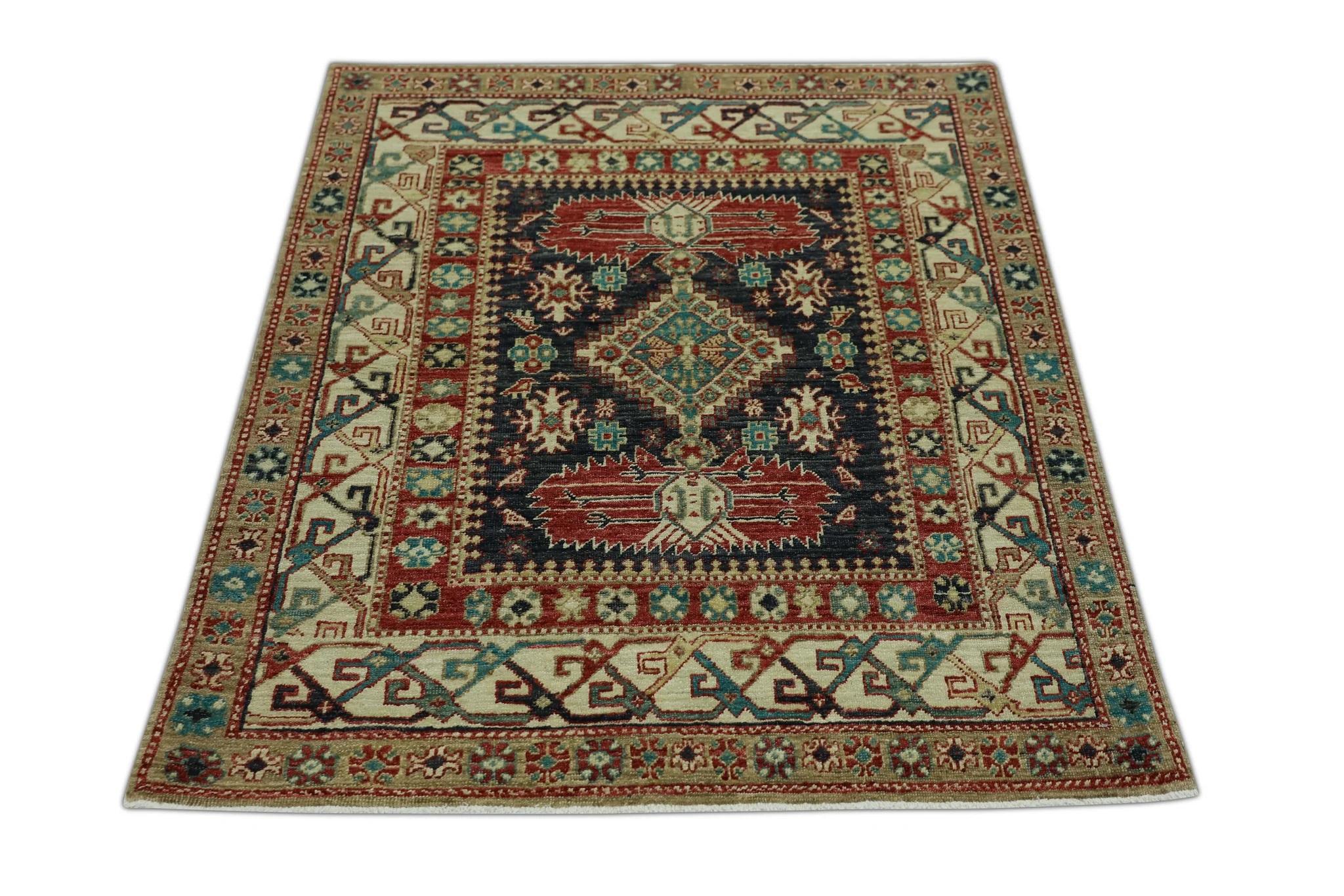 Red & Blue Handwoven Wool Turkish Oushak Rug 3'5