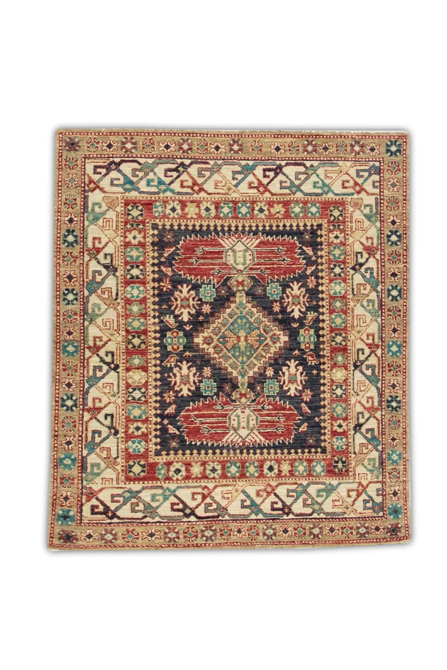 Contemporary Red & Blue Handwoven Wool Turkish Oushak Rug 3'5